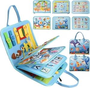 Busy Board Montessori Toys for 1 2 3 4 Year Old Boys & Girls Birthday Gifts, Toddlers Sensory Educational Travel Activities Busy Book with Fishing Game & Alphabet Puzzle & Fine Motor Skills