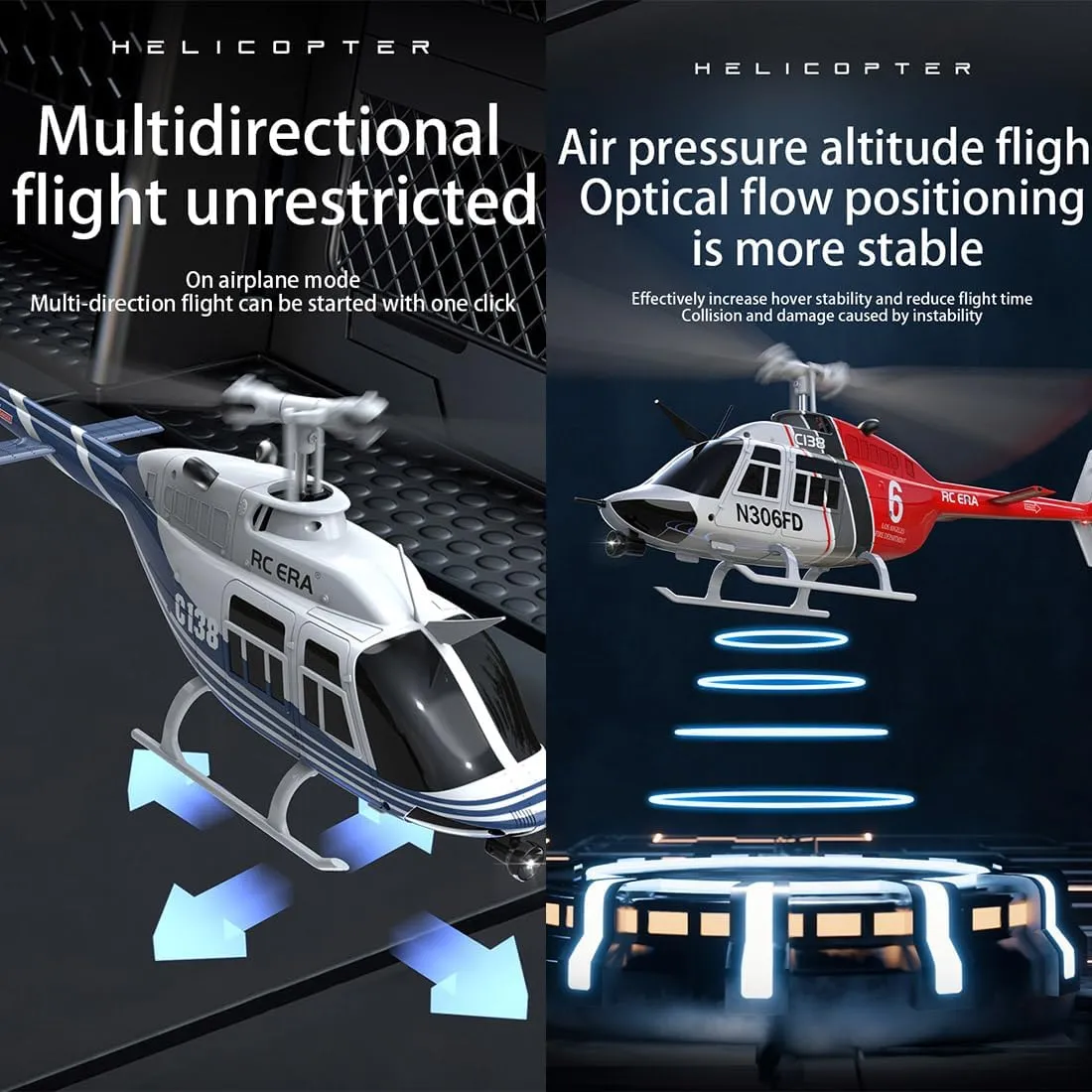 C138 RC Helicopter, 2.4G 6CH No Aileron Design with Altitude Hold & Optical Flow Positioning for Stable Flight, One-Key Takeoff & Landing, Beginner-Friendly RC Aircraft for Adults (RTF)