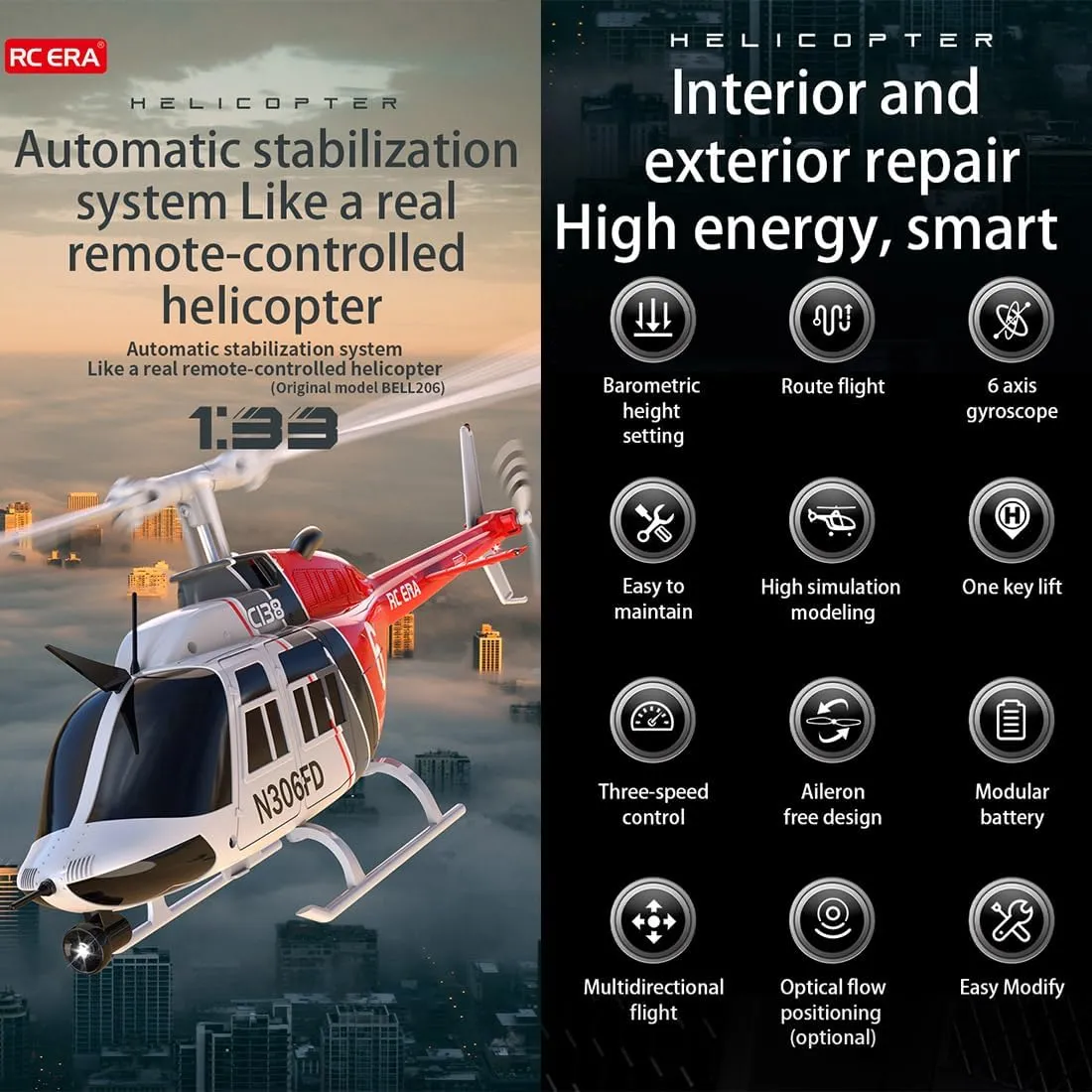 C138 RC Helicopter with Altitude Hold, 1/33 Scale 2.4G 6CH One Key Take Off/Landing with 6-axis Gyro & 6G/3D Flips Remote Control Helicopter, Military Aircraft for Adults
