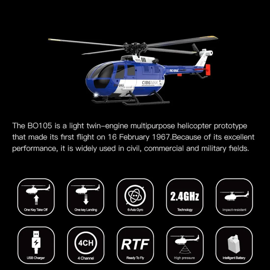 C186MAX BO105 Armed Remote Control Helicopter with 4-Channel RC System, 2.4GHz Tail-Less Direct Drive Remote Control Helicopter Suitable for Adults