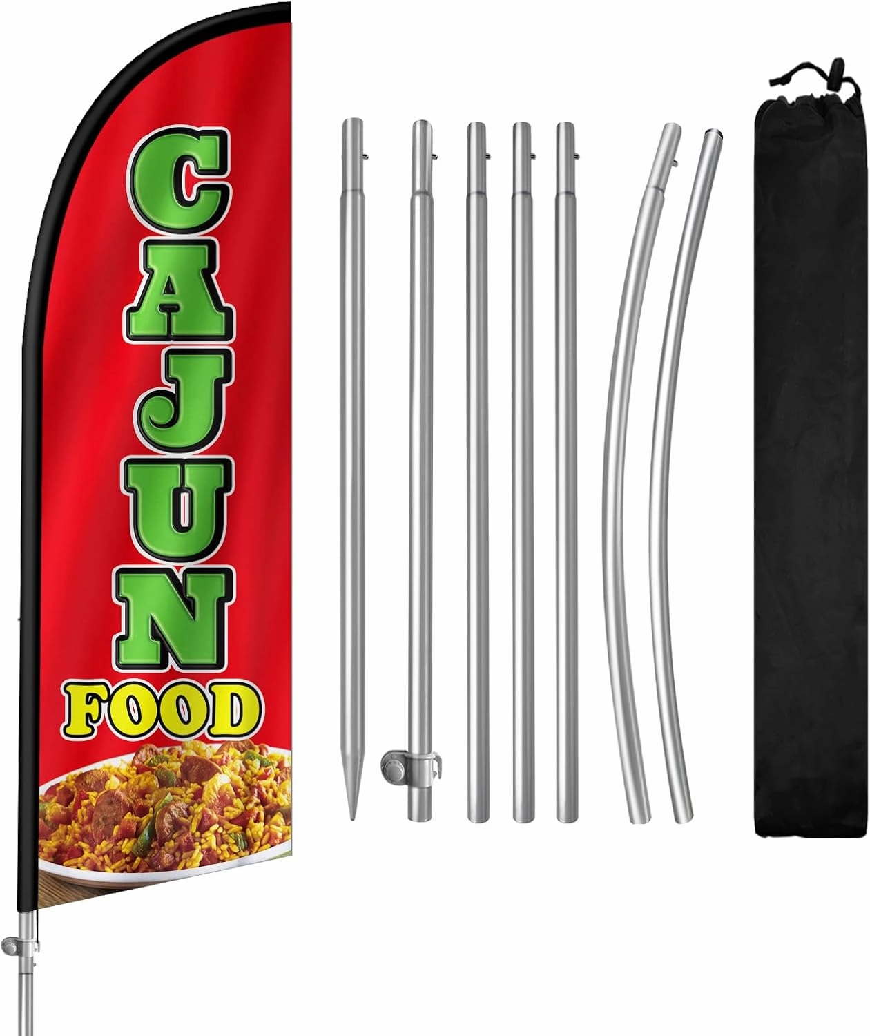 Cajun Food Flag for Business, Cajun Food 8FT Polyester Advertising Swooper Flag with Aluminium Alloy Flag Pole Kit, Stainless Steel, Ground Spike, Portable Bag