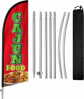 Cajun Food Flag for Business, Cajun Food 8FT Polyester Advertising Swooper Flag with Aluminium Alloy Flag Pole Kit, Stainless Steel, Ground Spike, Portable Bag