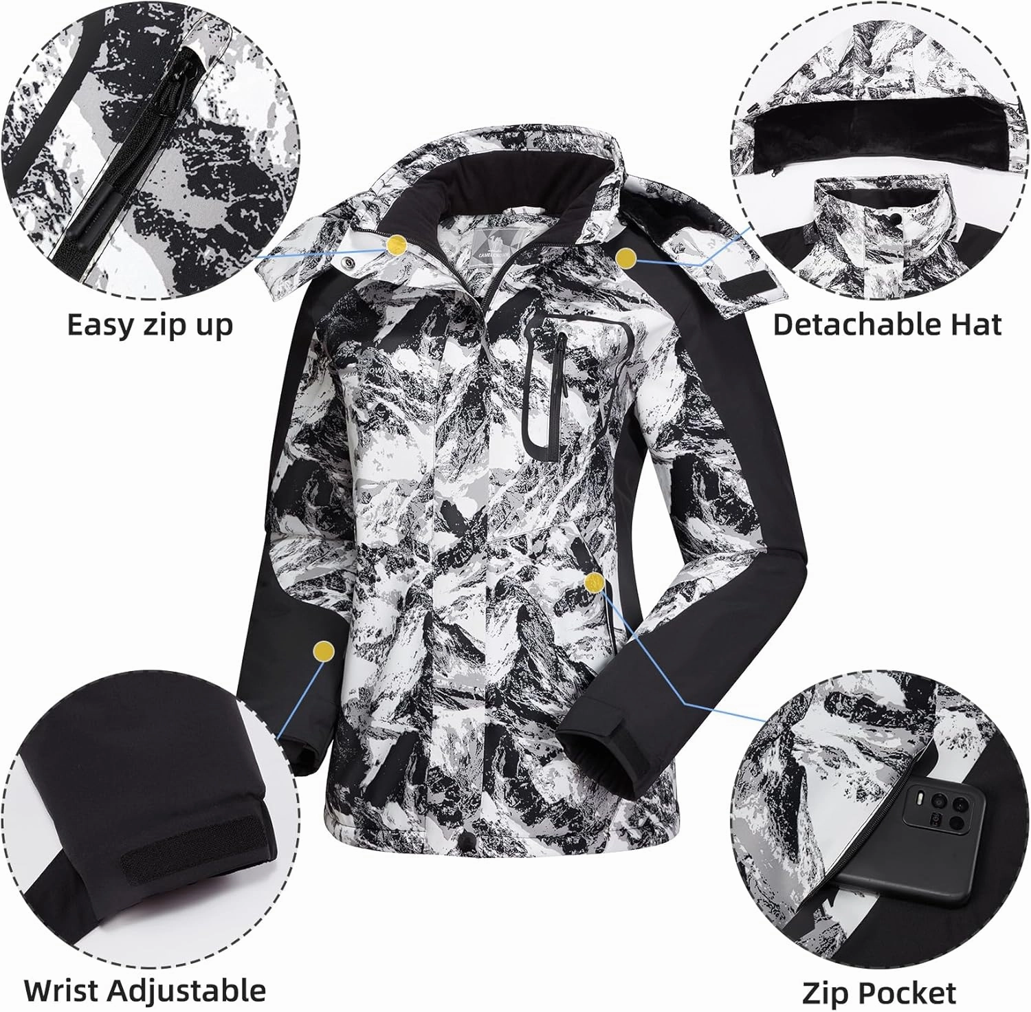 CAMEL CROWN Women's Ski Jacket Winter Snow Coat Warm Fleece Mountain Waterproof Female Jacket Snowboarding jackets