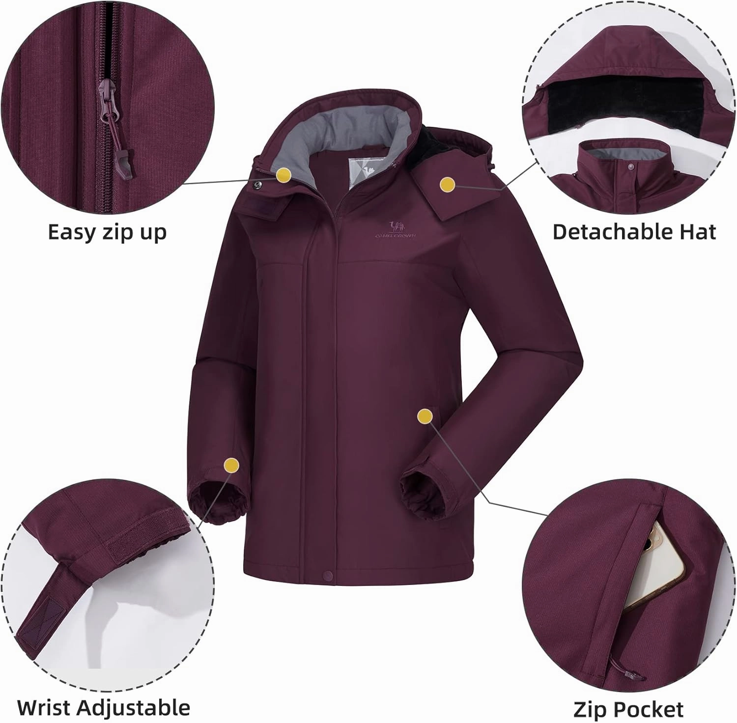 CAMEL CROWN Women's Ski Jacket Winter Snow Coat Warm Fleece Mountain Waterproof Female Jacket Snowboarding jackets