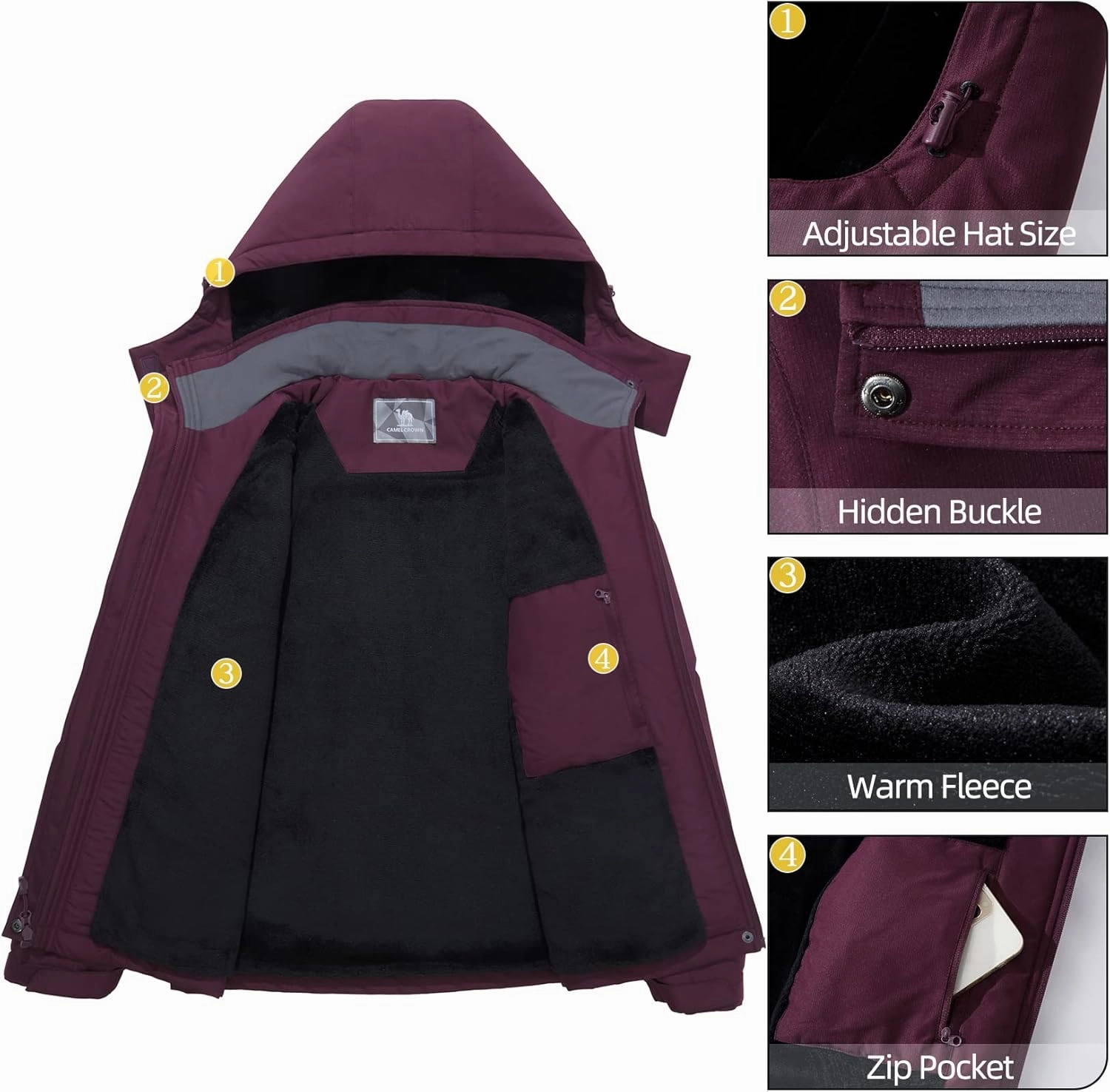 CAMEL CROWN Women's Ski Jacket Winter Snow Coat Warm Fleece Mountain Waterproof Female Jacket Snowboarding jackets