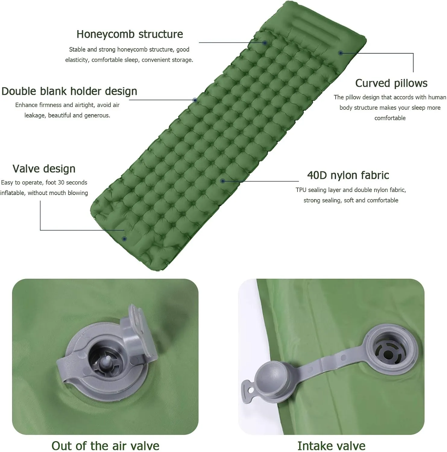 Camping Sleeping Pad, Foot Press Inflatable Sleeping Mat with Pillow, Hiking Air Mattress - Lightweight, Durable Waterproof Air Mattress Compact Hiking Pad - Upgrade Thickness (Green)