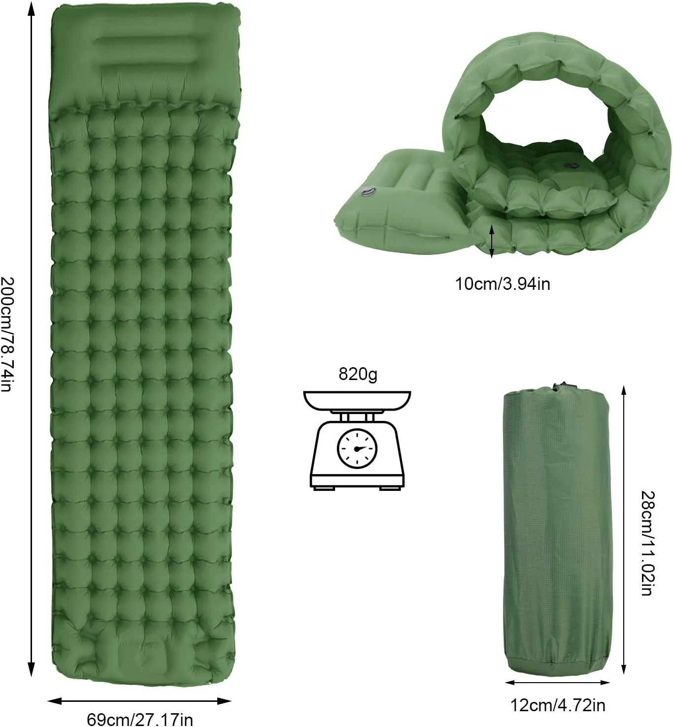 Camping Sleeping Pad, Foot Press Inflatable Sleeping Mat with Pillow, Hiking Air Mattress - Lightweight, Durable Waterproof Air Mattress Compact Hiking Pad - Upgrade Thickness (Green)