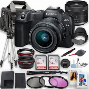 Canon EOS R8 Mirrorless Camera with RF 24-50mm f/4.5-6.3 is STM Lens   2pc 64GB Memory Cards, Tripod, Case, Filters & More (Renewed), Black