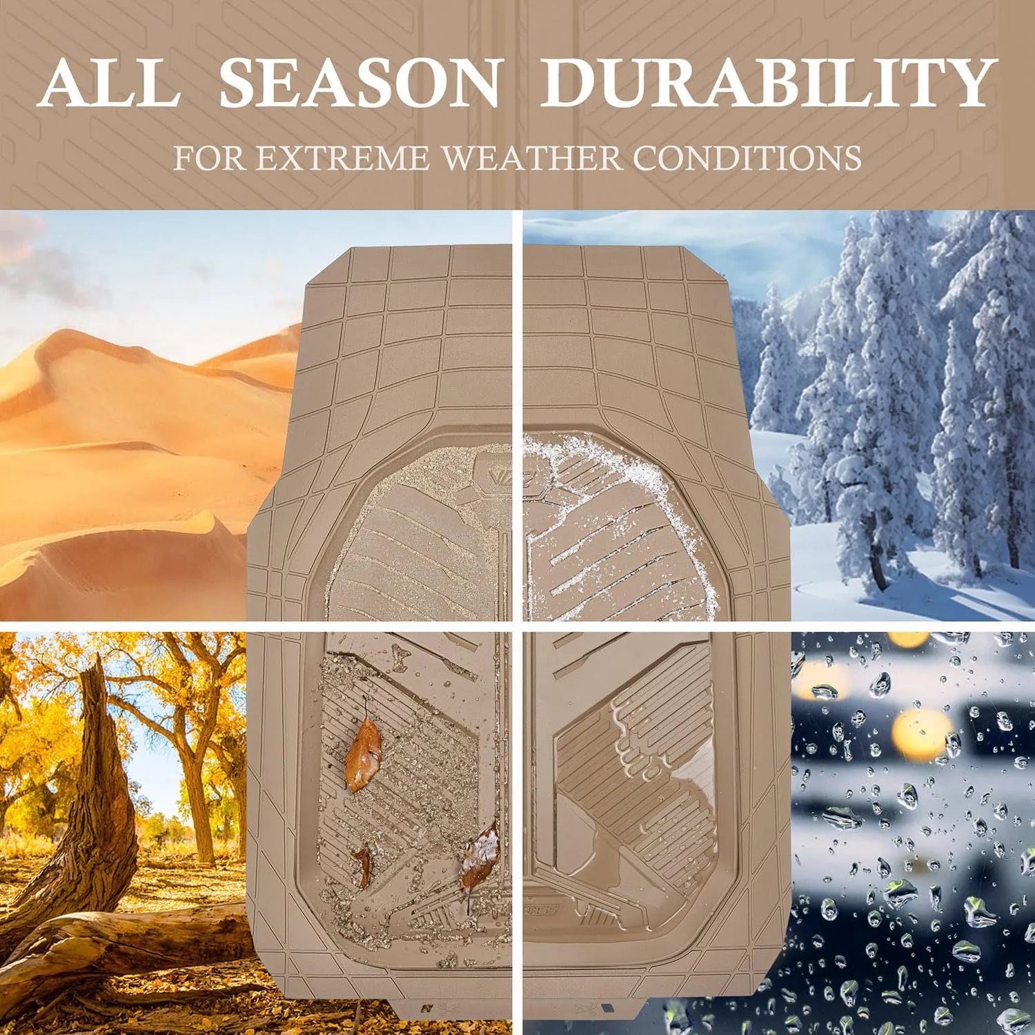 CAR PASS Heavy Duty Rubber Car Mats, Deep Dish Car Floor Mats Full Set, Universal All Weather Automotive Mats 3 Pieces Trim to Fit for Sedans SUVs Trucks, Waterproof Anti-Slip Floor Mats, Full Beige