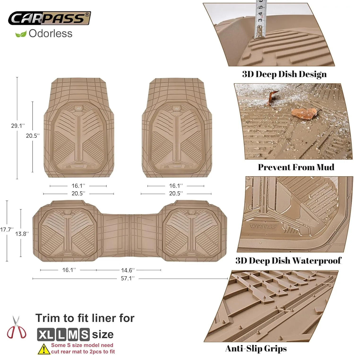 CAR PASS Heavy Duty Rubber Car Mats, Deep Dish Car Floor Mats Full Set, Universal All Weather Automotive Mats 3 Pieces Trim to Fit for Sedans SUVs Trucks, Waterproof Anti-Slip Floor Mats, Full Beige
