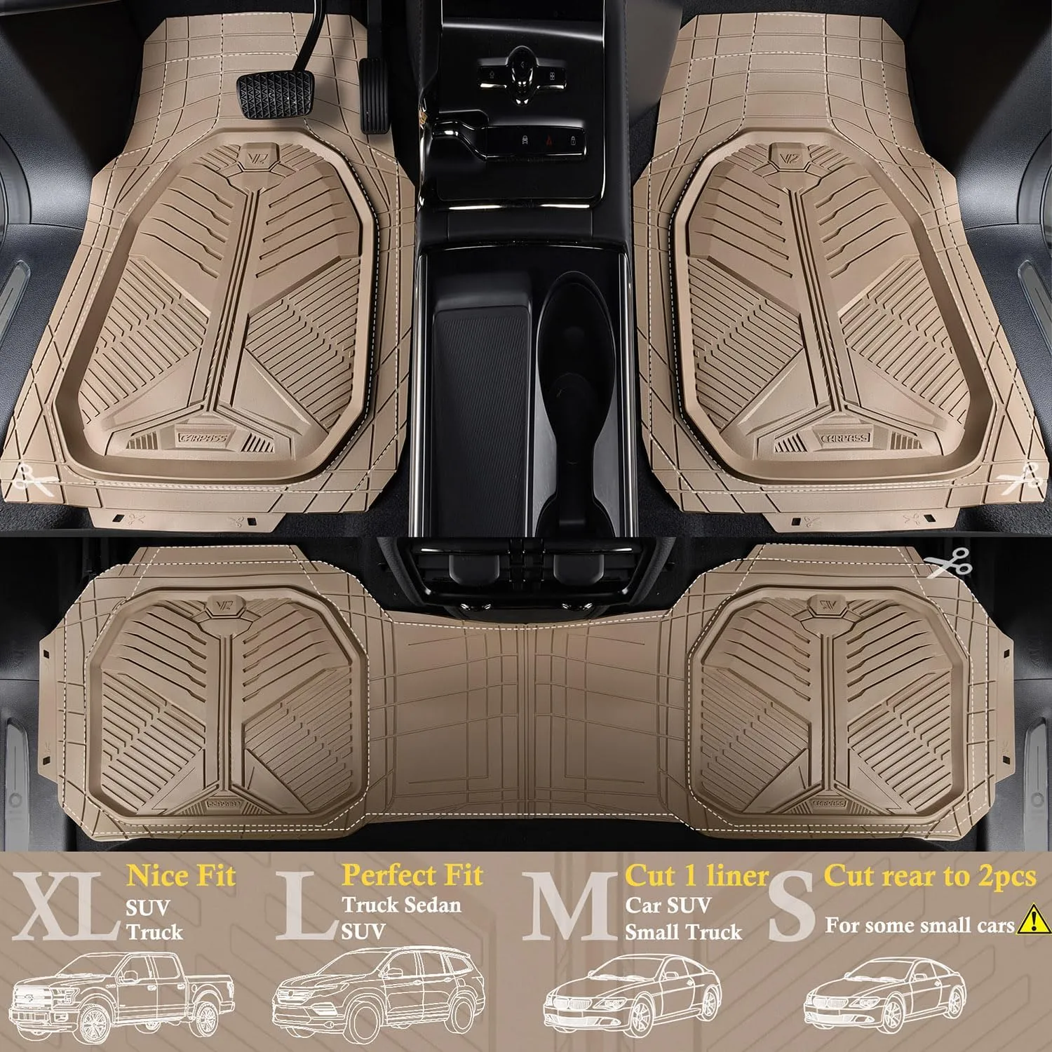 CAR PASS Heavy Duty Rubber Car Mats, Deep Dish Car Floor Mats Full Set, Universal All Weather Automotive Mats 3 Pieces Trim to Fit for Sedans SUVs Trucks, Waterproof Anti-Slip Floor Mats, Full Beige