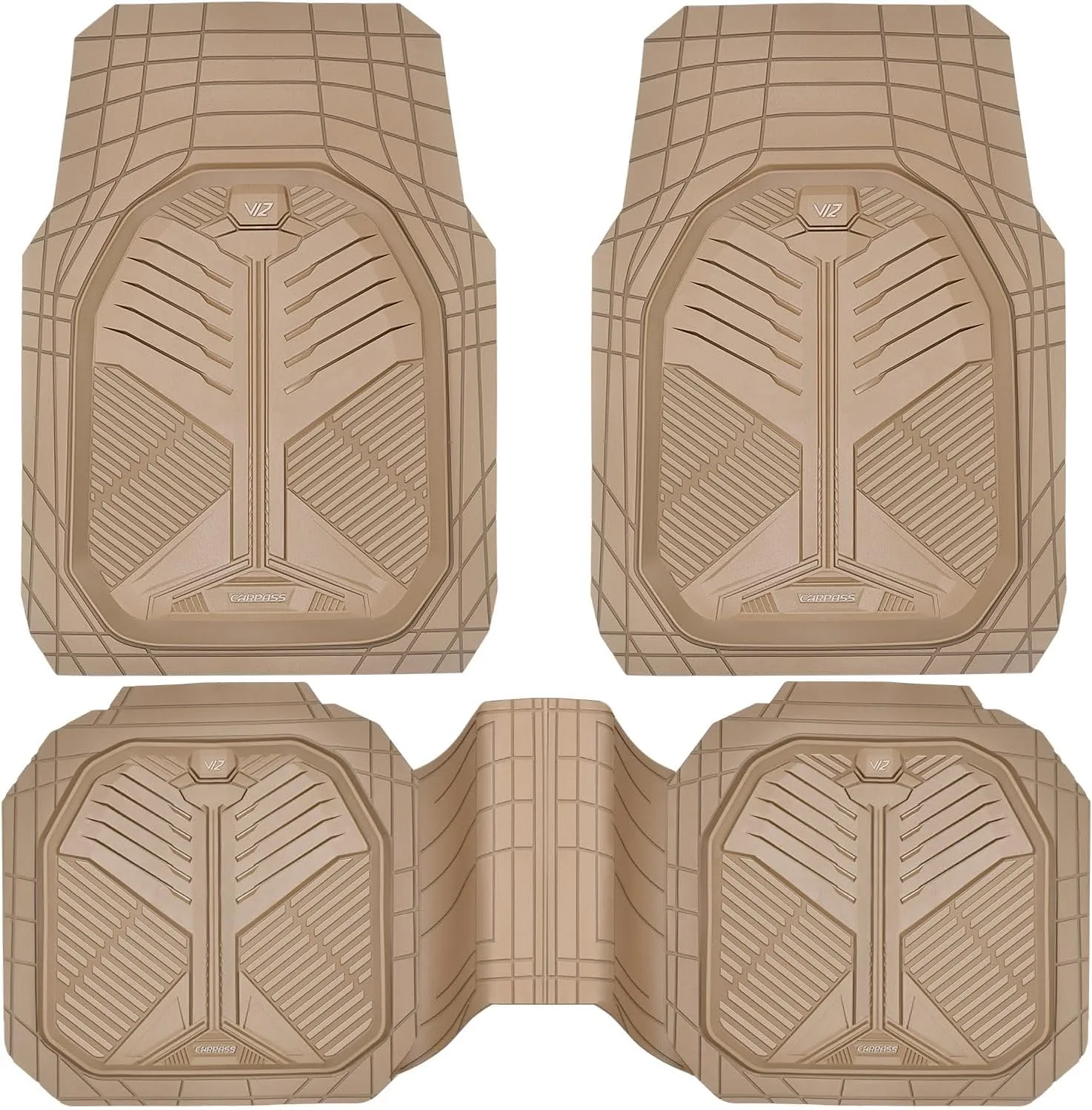 CAR PASS Heavy Duty Rubber Car Mats, Deep Dish Car Floor Mats Full Set, Universal All Weather Automotive Mats 3 Pieces Trim to Fit for Sedans SUVs Trucks, Waterproof Anti-Slip Floor Mats, Full Beige