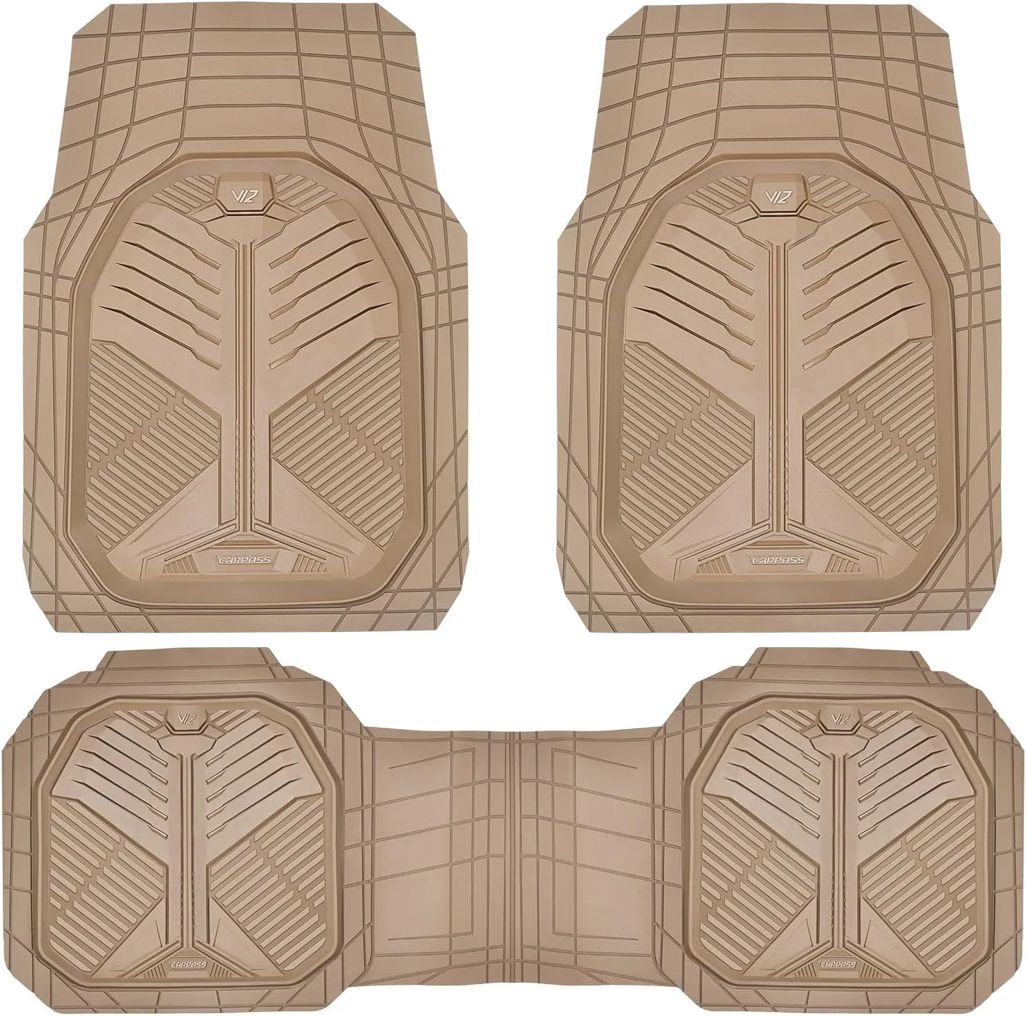 CAR PASS Heavy Duty Rubber Car Mats, Deep Dish Car Floor Mats Full Set, Universal All Weather Automotive Mats 3 Pieces Trim to Fit for Sedans SUVs Trucks, Waterproof Anti-Slip Floor Mats, Full Beige