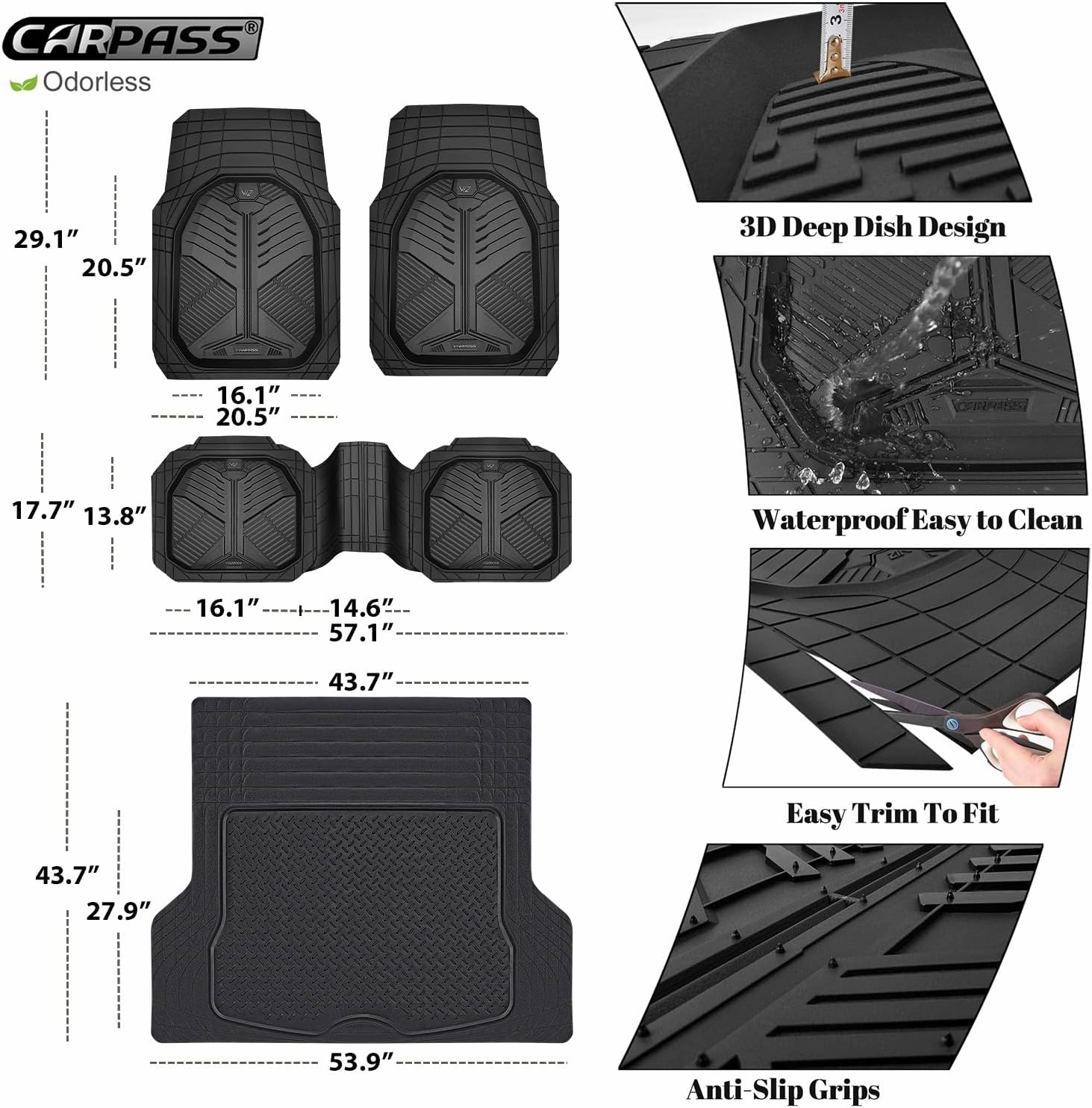 CAR PASS Heavy Duty Rubber Car Mats with Cargo Liner, Deep-Dish Car Floor Mats and Trunk Mat All Weather, Universal Trim-to-Fit for SUVs Trucks Sedans, Waterproof Anti-Slip, Trimmable V12 Black