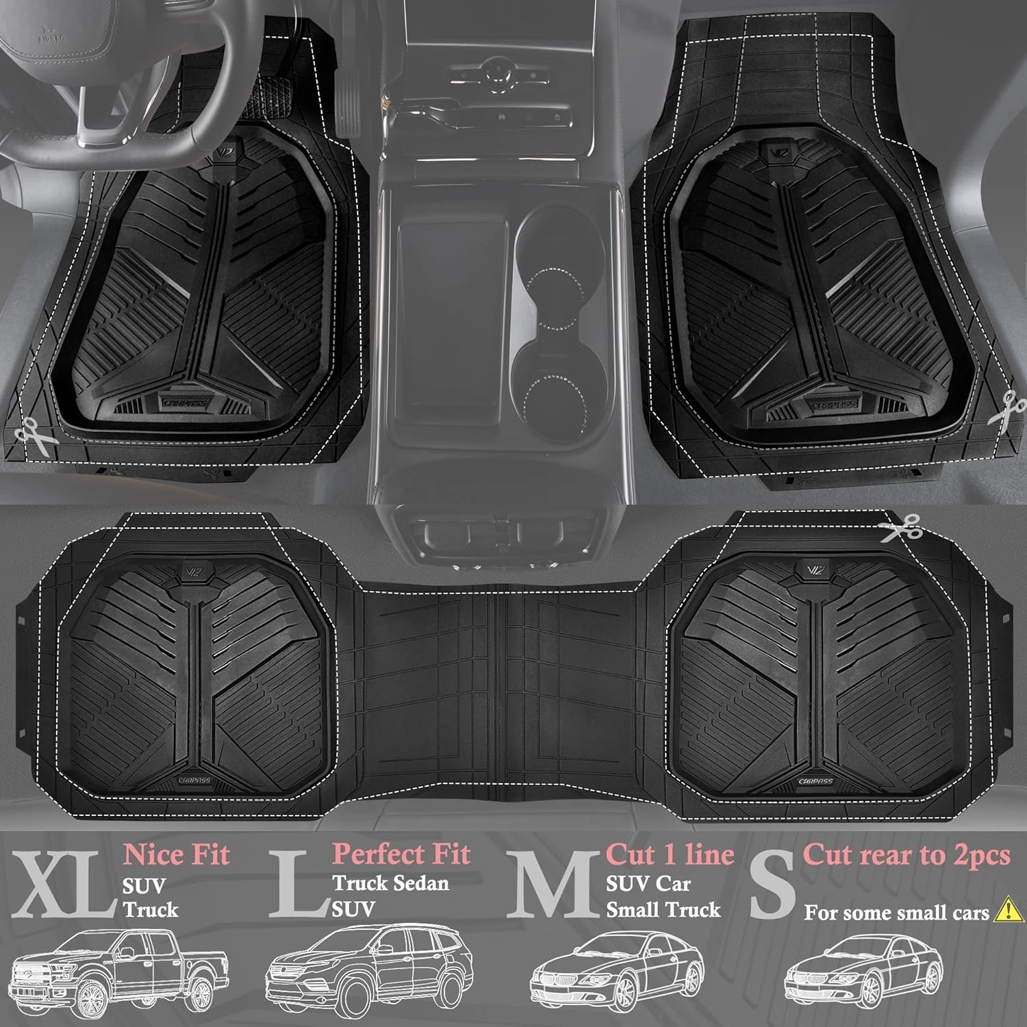 CAR PASS Heavy Duty Rubber Car Mats with Cargo Liner, Deep-Dish Car Floor Mats and Trunk Mat All Weather, Universal Trim-to-Fit for SUVs Trucks Sedans, Waterproof Anti-Slip, Trimmable V12 Black