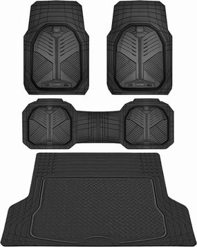 CAR PASS Heavy Duty Rubber Car Mats with Cargo Liner, Deep-Dish Car Floor Mats and Trunk Mat All Weather, Universal Trim-to-Fit for SUVs Trucks Sedans, Waterproof Anti-Slip, Trimmable V12 Black
