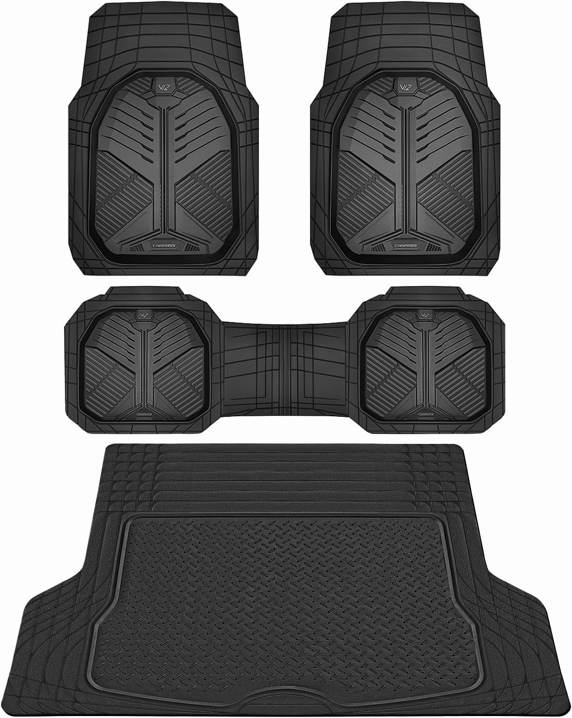 CAR PASS Heavy Duty Rubber Car Mats with Cargo Liner, Deep-Dish Car Floor Mats and Trunk Mat All Weather, Universal Trim-to-Fit for SUVs Trucks Sedans, Waterproof Anti-Slip, Trimmable V12 Black