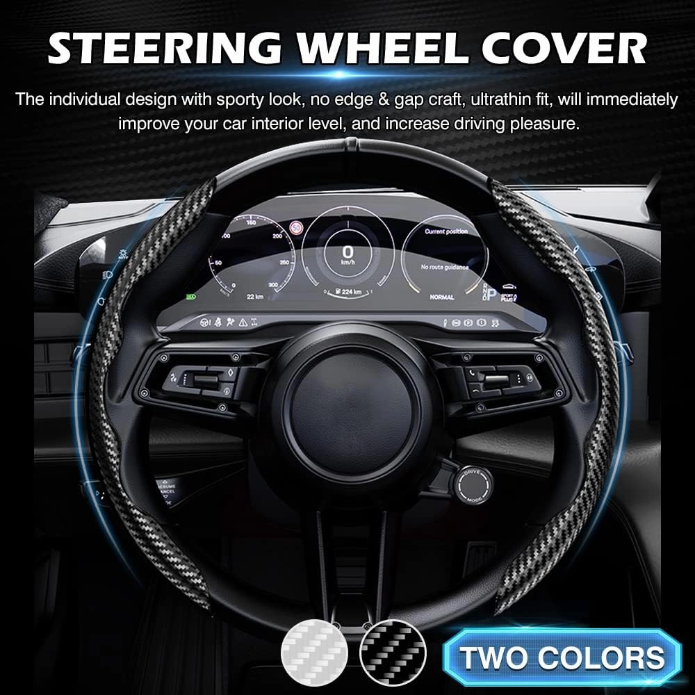 Cartist Steering Wheel Cover, Carbon Fiber Steering Wheel Cover, Wheel Cover for Men/Women, Anti-Slip, Durable, Universal for 99% Car (Black White)