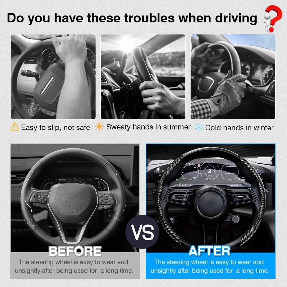 Cartist Steering Wheel Cover, Carbon Fiber Steering Wheel Cover, Wheel Cover for Men/Women, Anti-Slip, Durable, Universal for 99% Car (Black White)