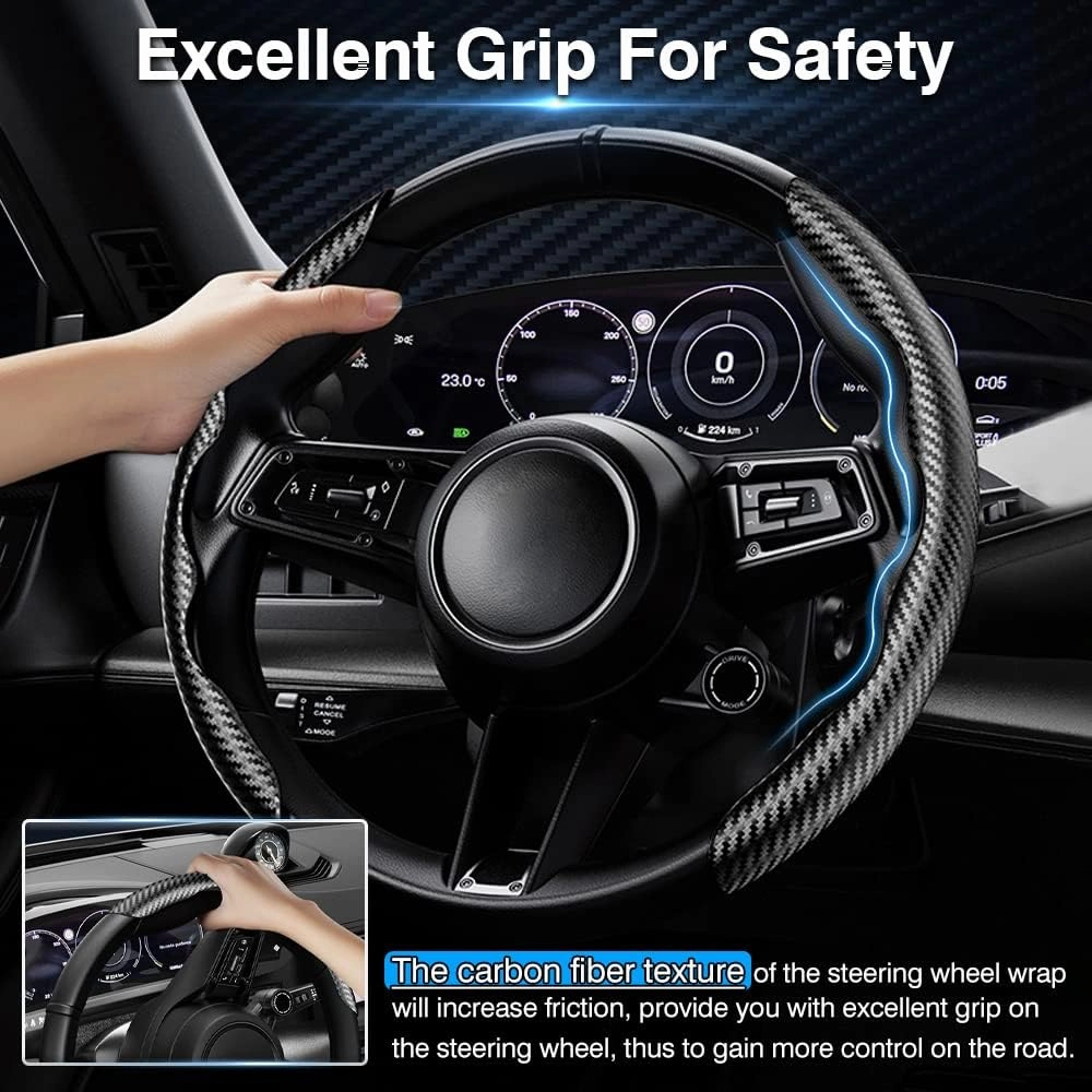 Cartist Steering Wheel Cover, Carbon Fiber Steering Wheel Cover, Wheel Cover for Men/Women, Anti-Slip, Durable, Universal for 99% Car (Black White)