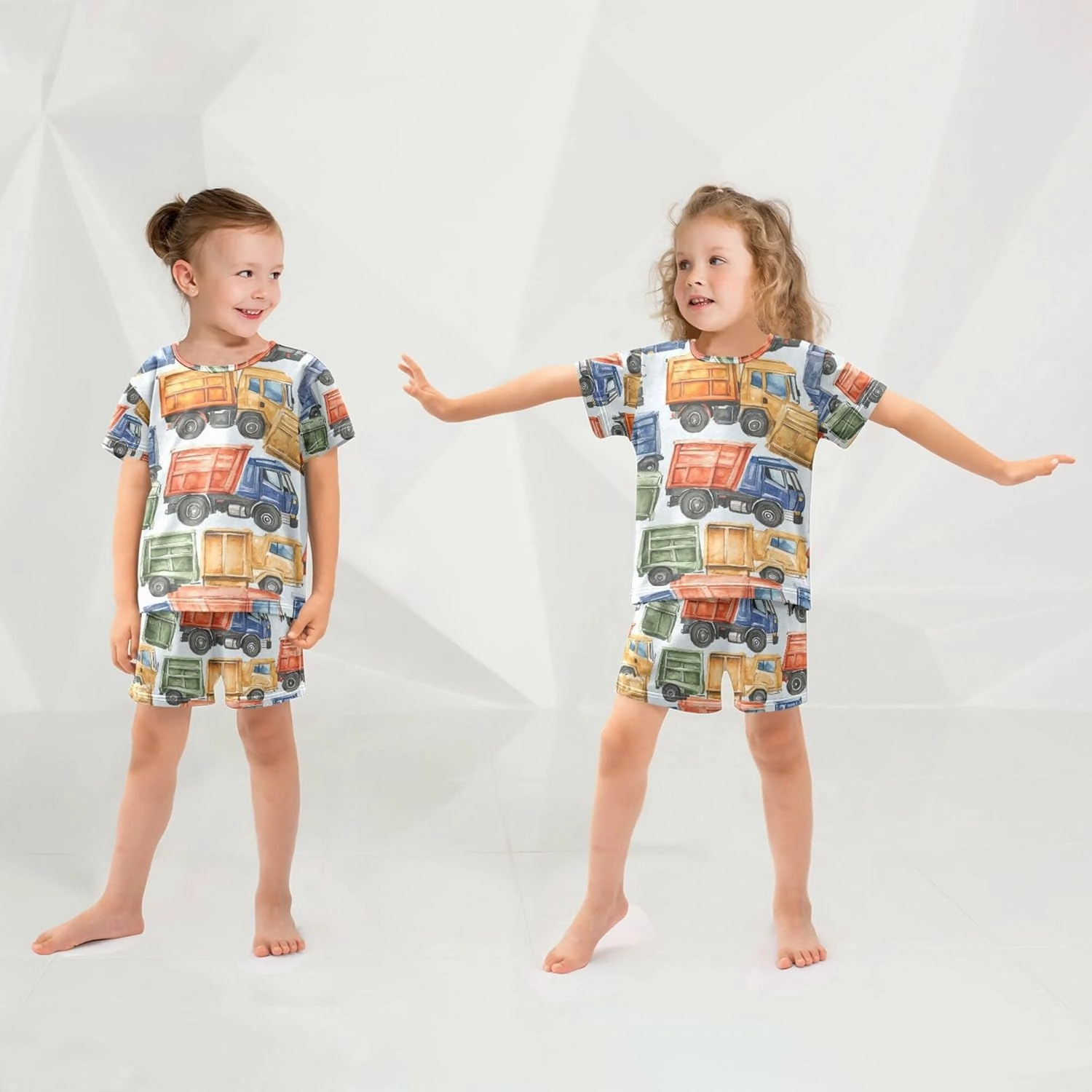 Cartoon Garbage Trucks Cars Summer Pajamas Short Set 2 Piece Sleepwear