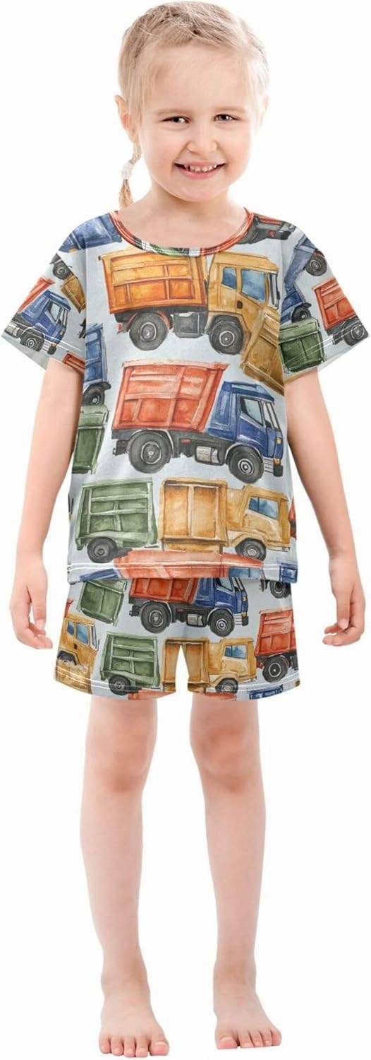 Cartoon Garbage Trucks Cars Summer Pajamas Short Set 2 Piece Sleepwear