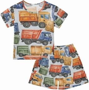 Cartoon Garbage Trucks Cars Summer Pajamas Short Set 2 Piece Sleepwear