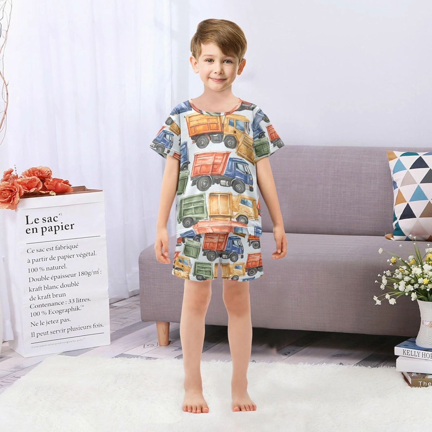 Cartoon Garbage Trucks Cars Summer Pajamas Short Set 2 Piece Sleepwear