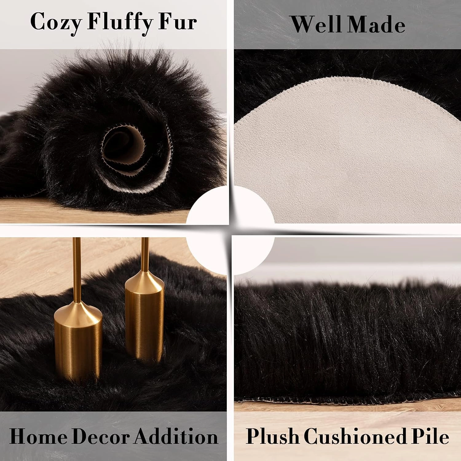 Carvapet Luxury Soft Faux Sheepskin Chair Cover Seat Pad Plush Fur Area Rugs for Bedroom, 2ft x 3ft, Black