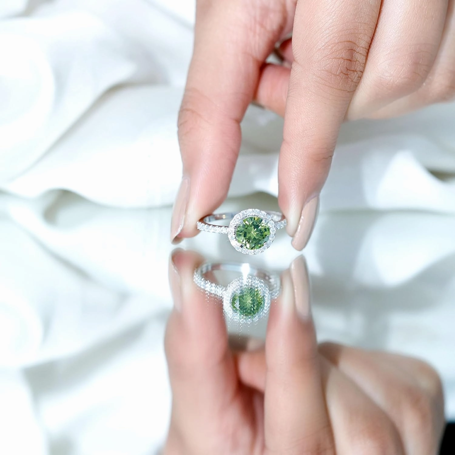 Certified Green Sapphire Halo Engagement Ring with Moissanite, AAAA Quality, Lab Grown Sapphire Circle Engagement Ring