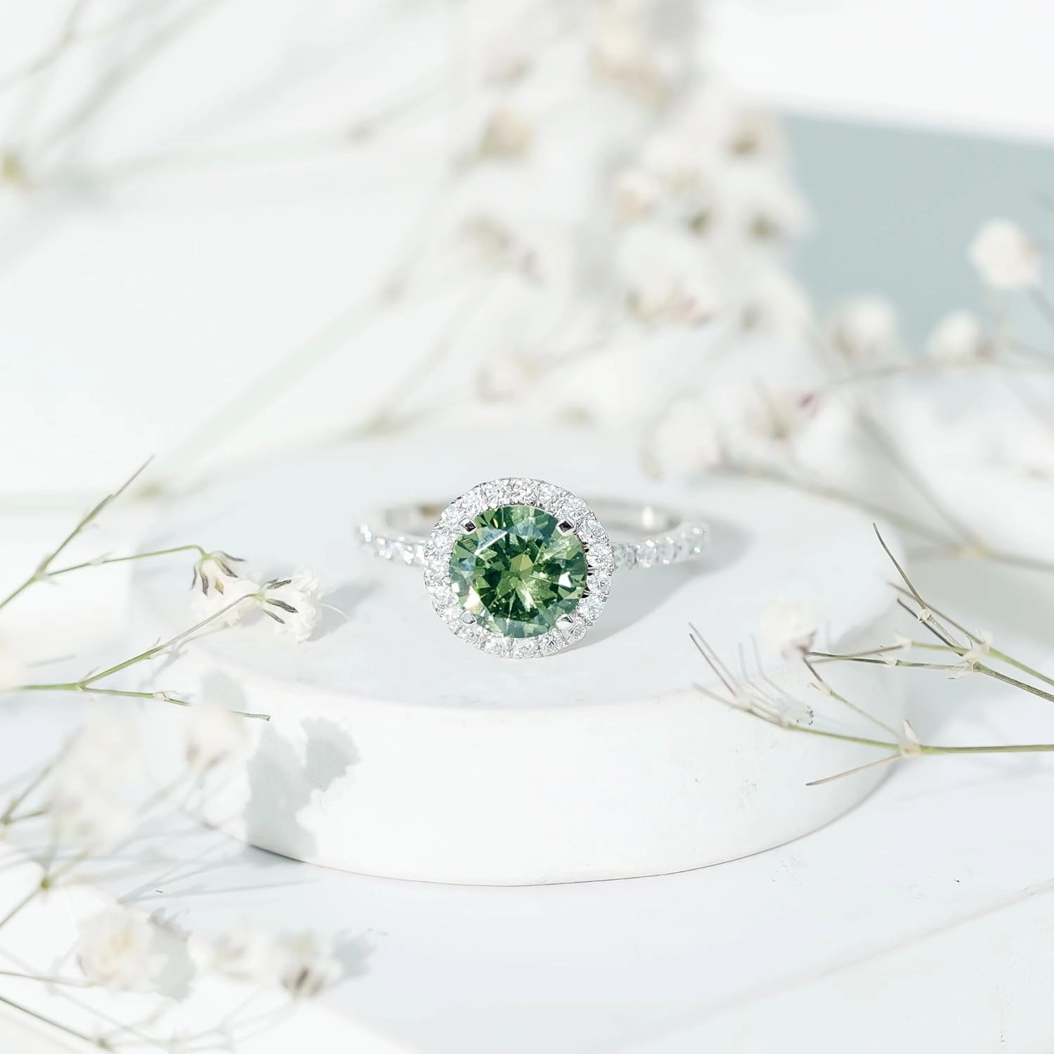 Certified Green Sapphire Halo Engagement Ring with Moissanite, AAAA Quality, Lab Grown Sapphire Circle Engagement Ring