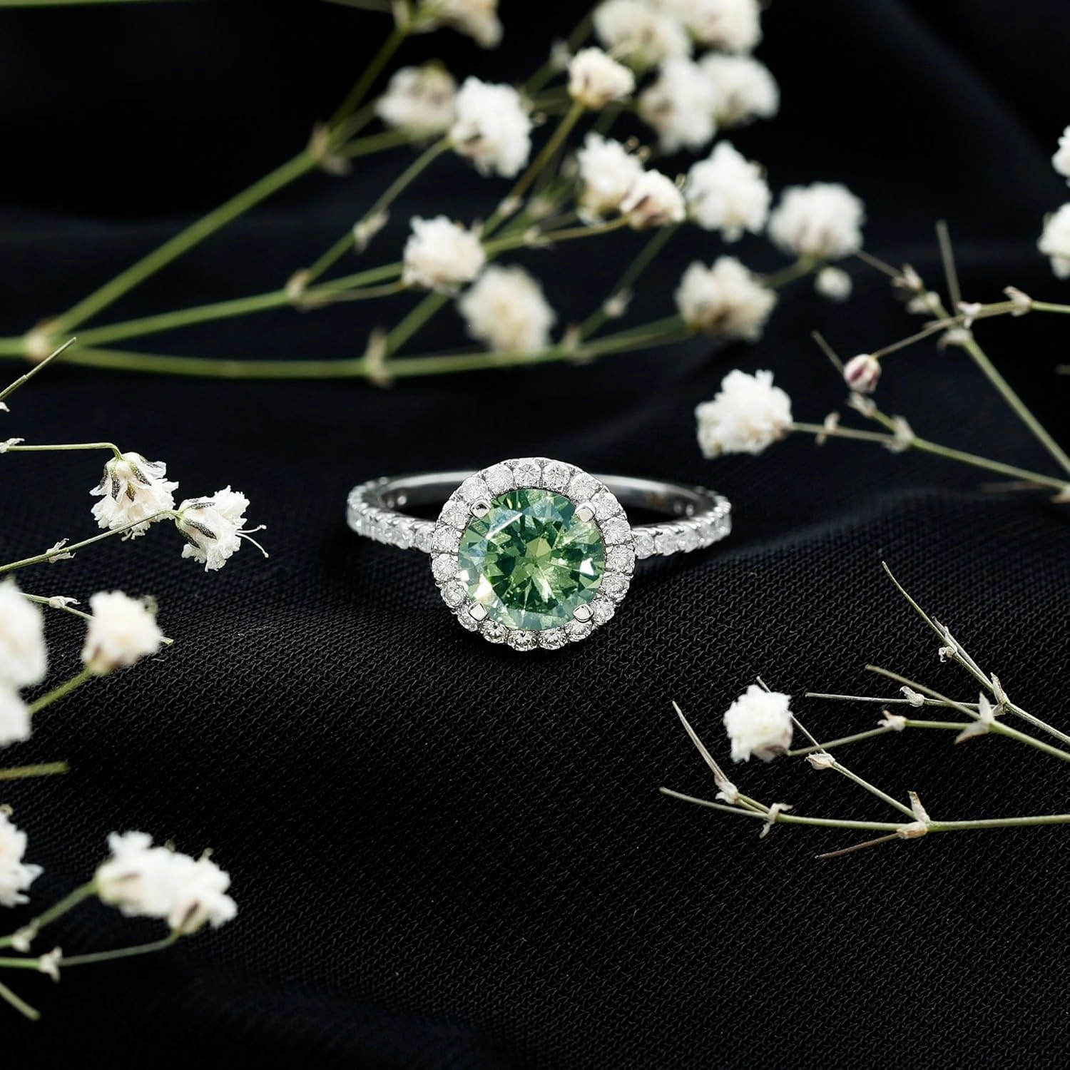 Certified Green Sapphire Halo Engagement Ring with Moissanite, AAAA Quality, Lab Grown Sapphire Circle Engagement Ring