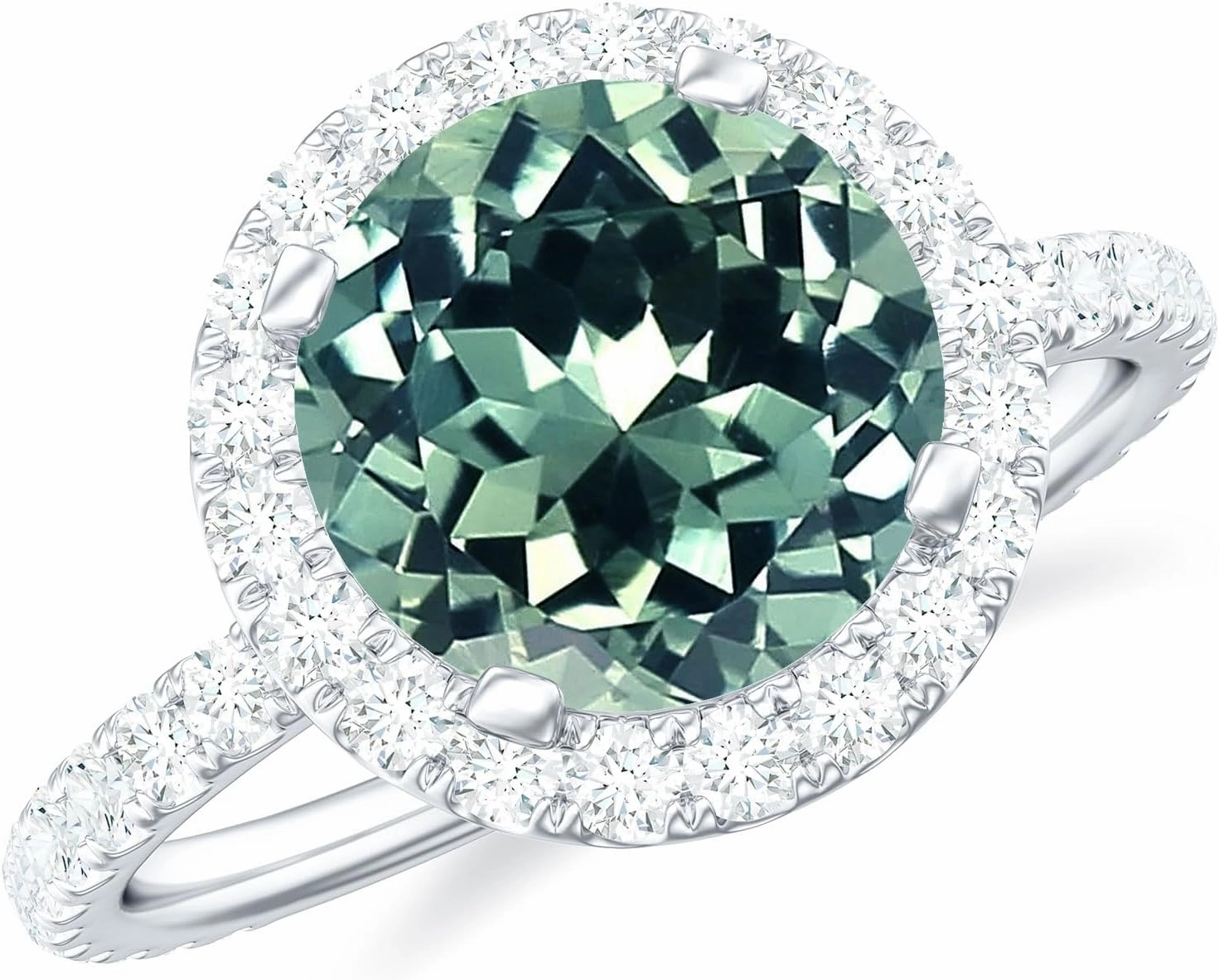 Certified Green Sapphire Halo Engagement Ring with Moissanite, AAAA Quality, Lab Grown Sapphire Circle Engagement Ring