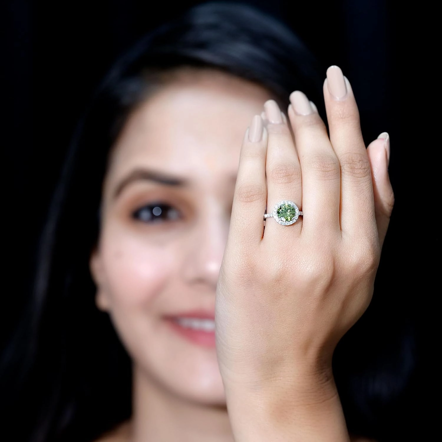 Certified Green Sapphire Halo Engagement Ring with Moissanite, AAAA Quality, Lab Grown Sapphire Circle Engagement Ring