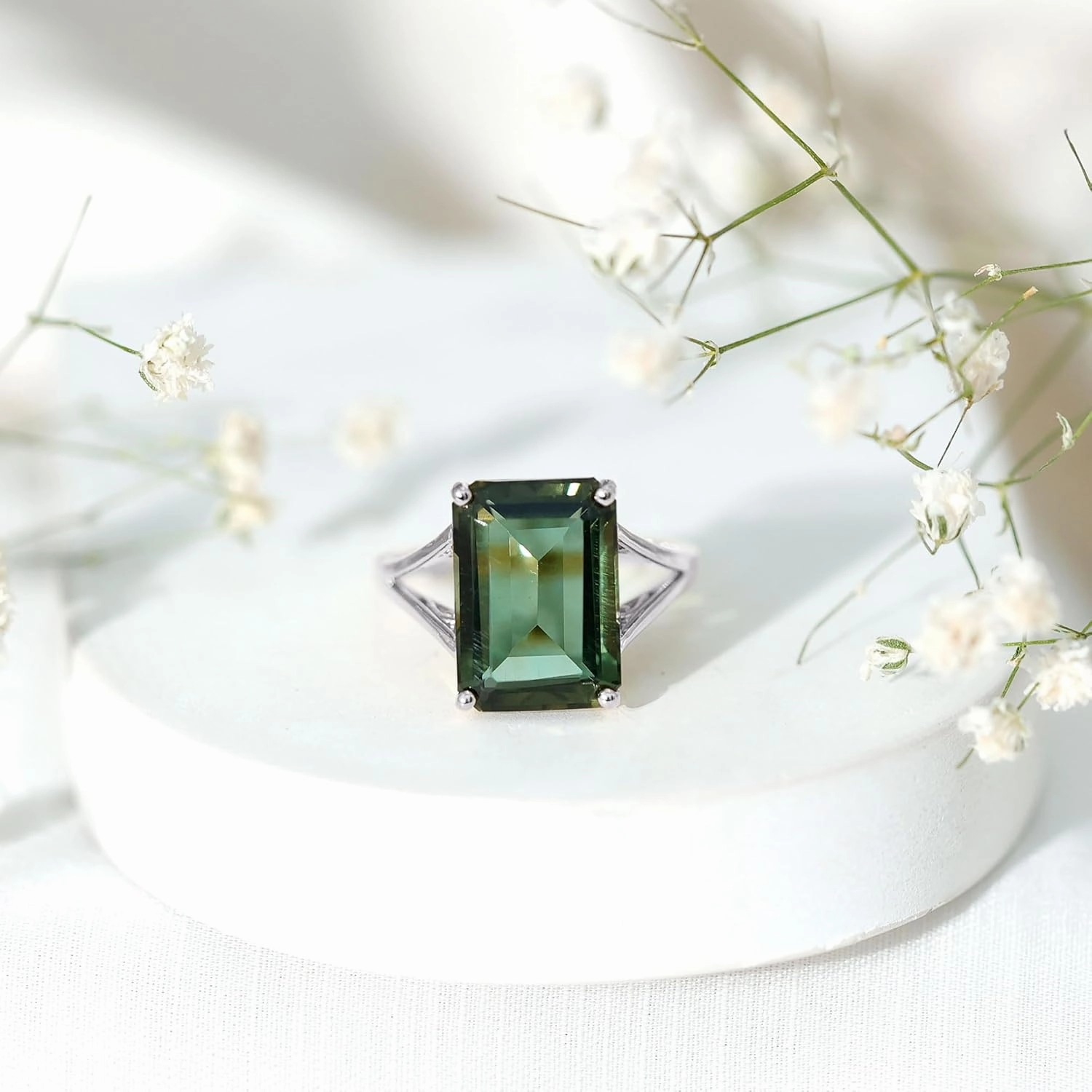 Certified Lab Grown Green Sapphire 10X14mm Emerald Cut Engagement Ring, AAAA Quality, Cocktail Ring - Ready To Gift