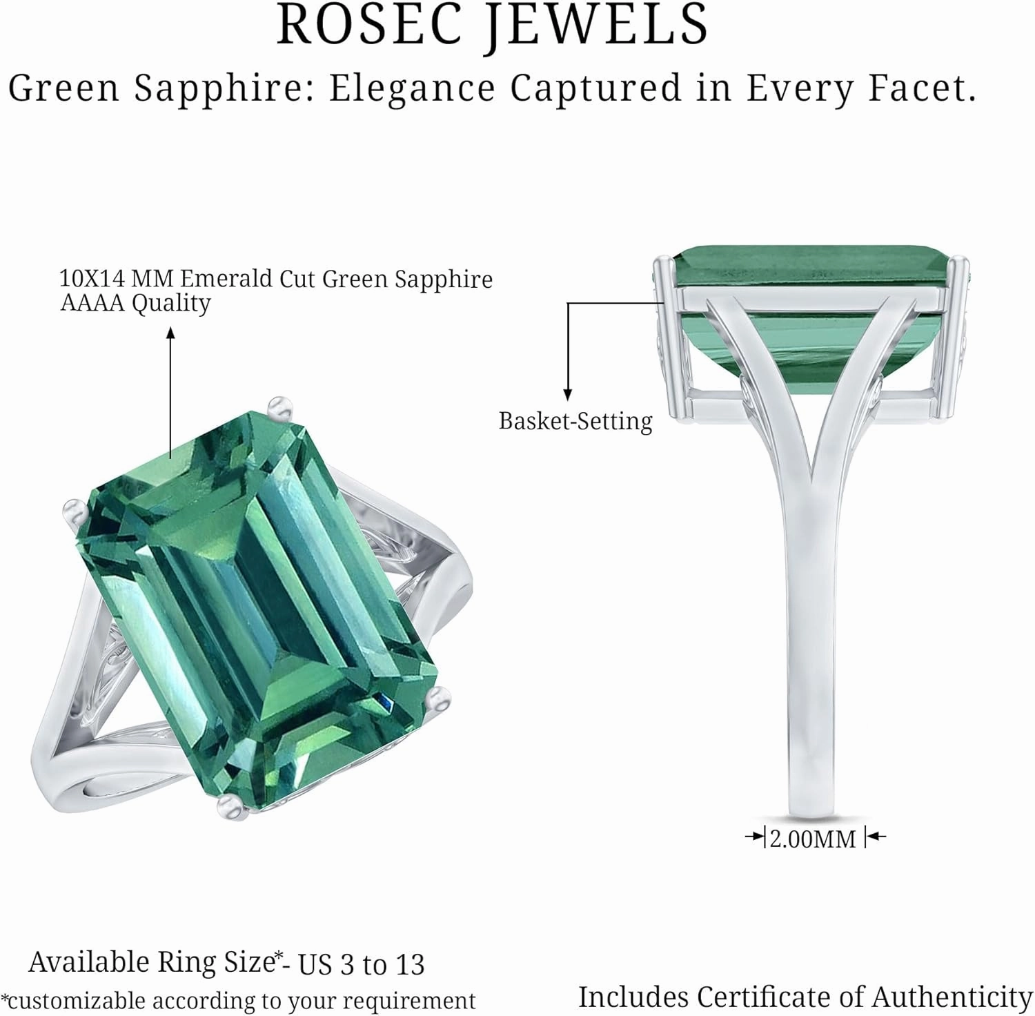Certified Lab Grown Green Sapphire 10X14mm Emerald Cut Engagement Ring, AAAA Quality, Cocktail Ring - Ready To Gift