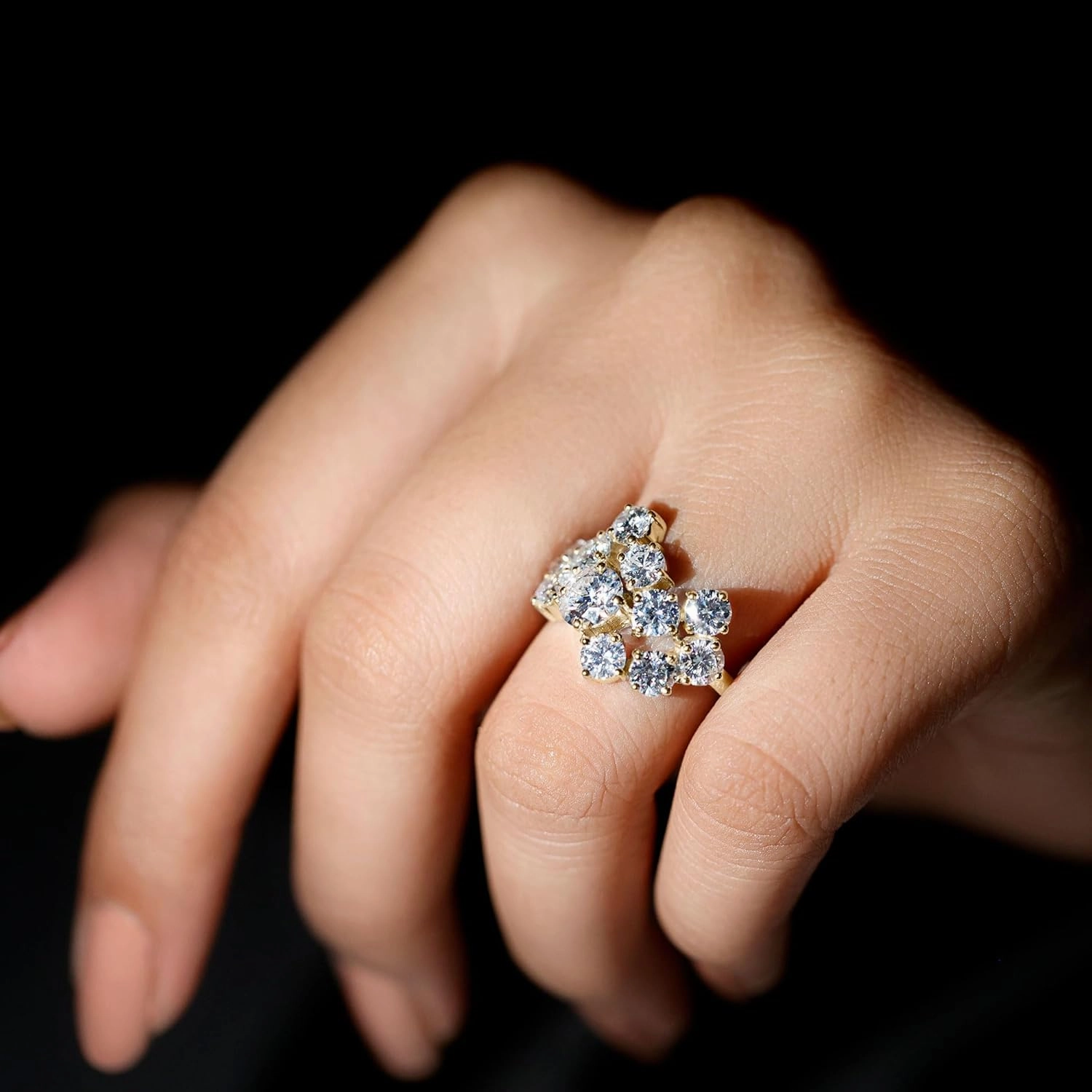 Certified Moissanite Diamond Cocktail Ring, D-Vs1 Quality, Moissanite Cluster Ring in 14K Gold Plated Silver - Gift For Her