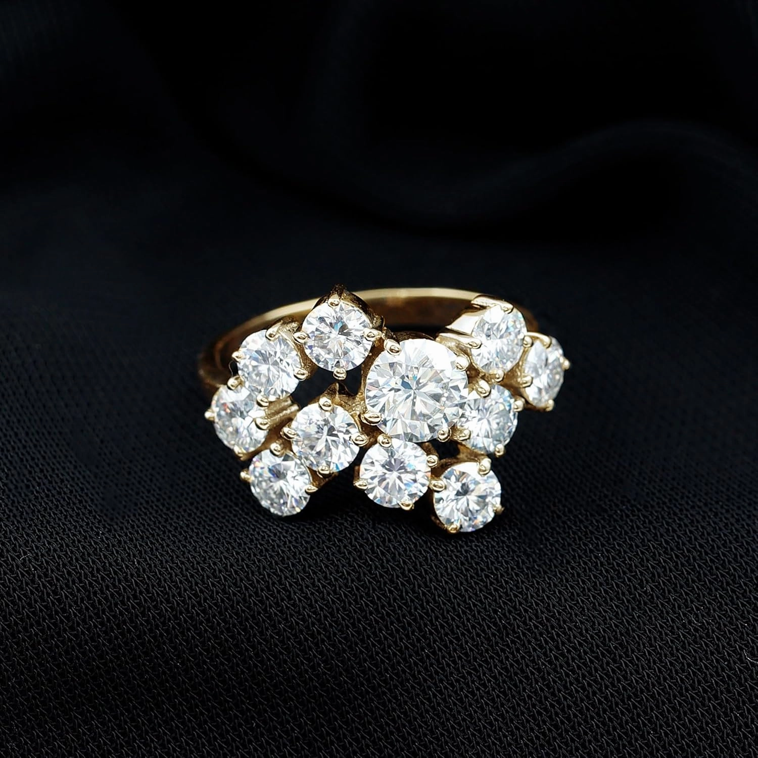 Certified Moissanite Diamond Cocktail Ring, D-Vs1 Quality, Moissanite Cluster Ring in 14K Gold Plated Silver - Gift For Her