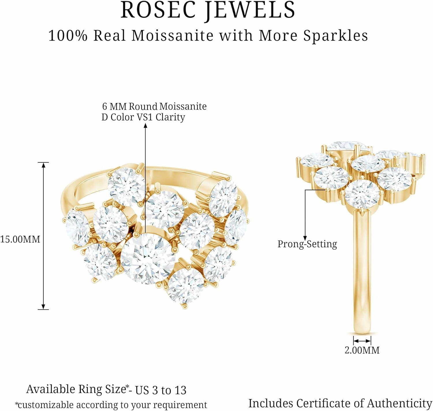 Certified Moissanite Diamond Cocktail Ring, D-Vs1 Quality, Moissanite Cluster Ring in 14K Gold Plated Silver - Gift For Her