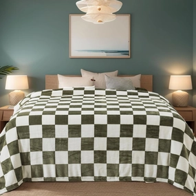 Checkered Queen Size Blanket,Premium Lightweight Anti-Static 90x90 Inches Sage Green Throw Blankets for Queen Full Bed,Couch, Sofa, Chair, Camping, Picnic,Sage Green