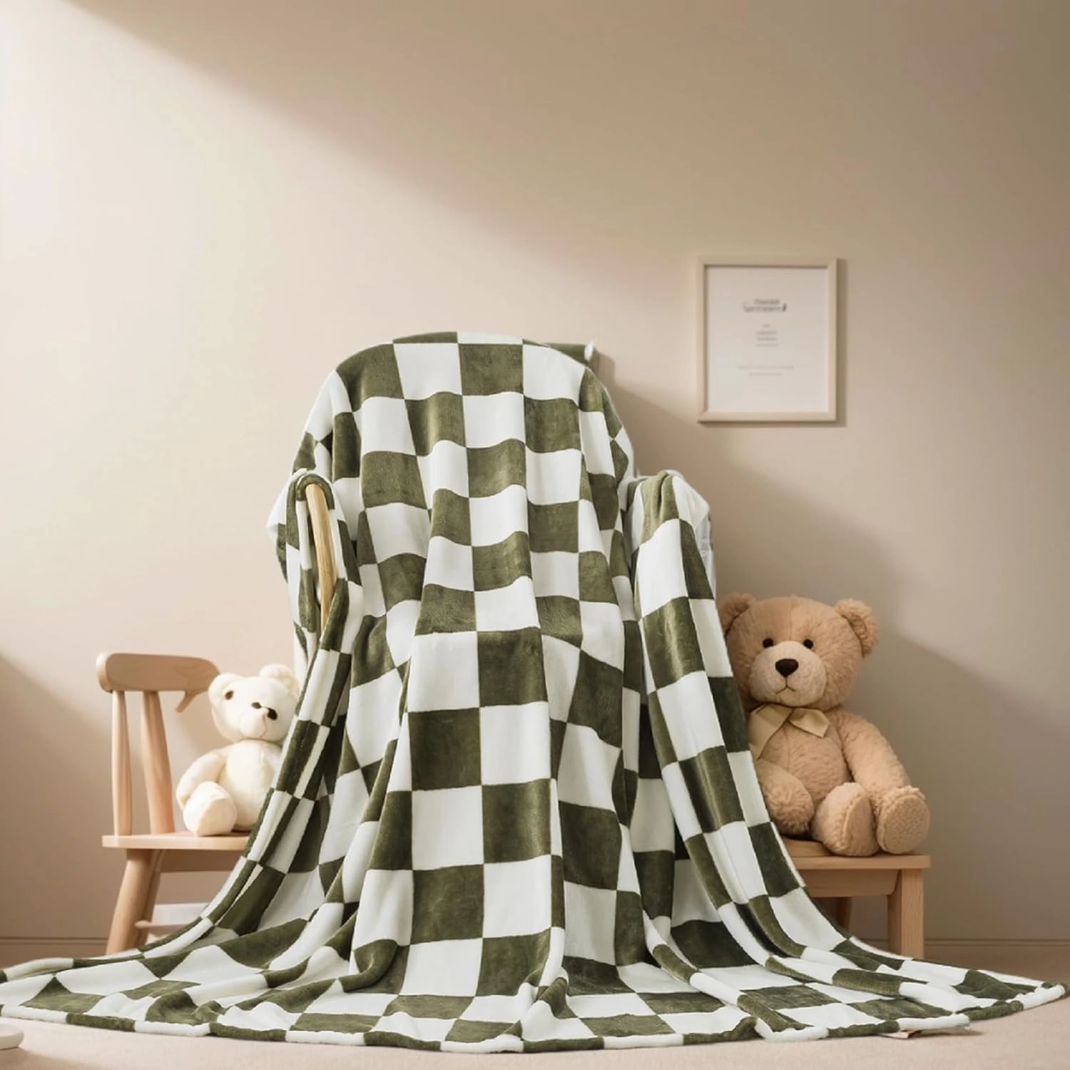 Checkered Queen Size Blanket,Premium Lightweight Anti-Static 90x90 Inches Sage Green Throw Blankets for Queen Full Bed,Couch, Sofa, Chair, Camping, Picnic,Sage Green