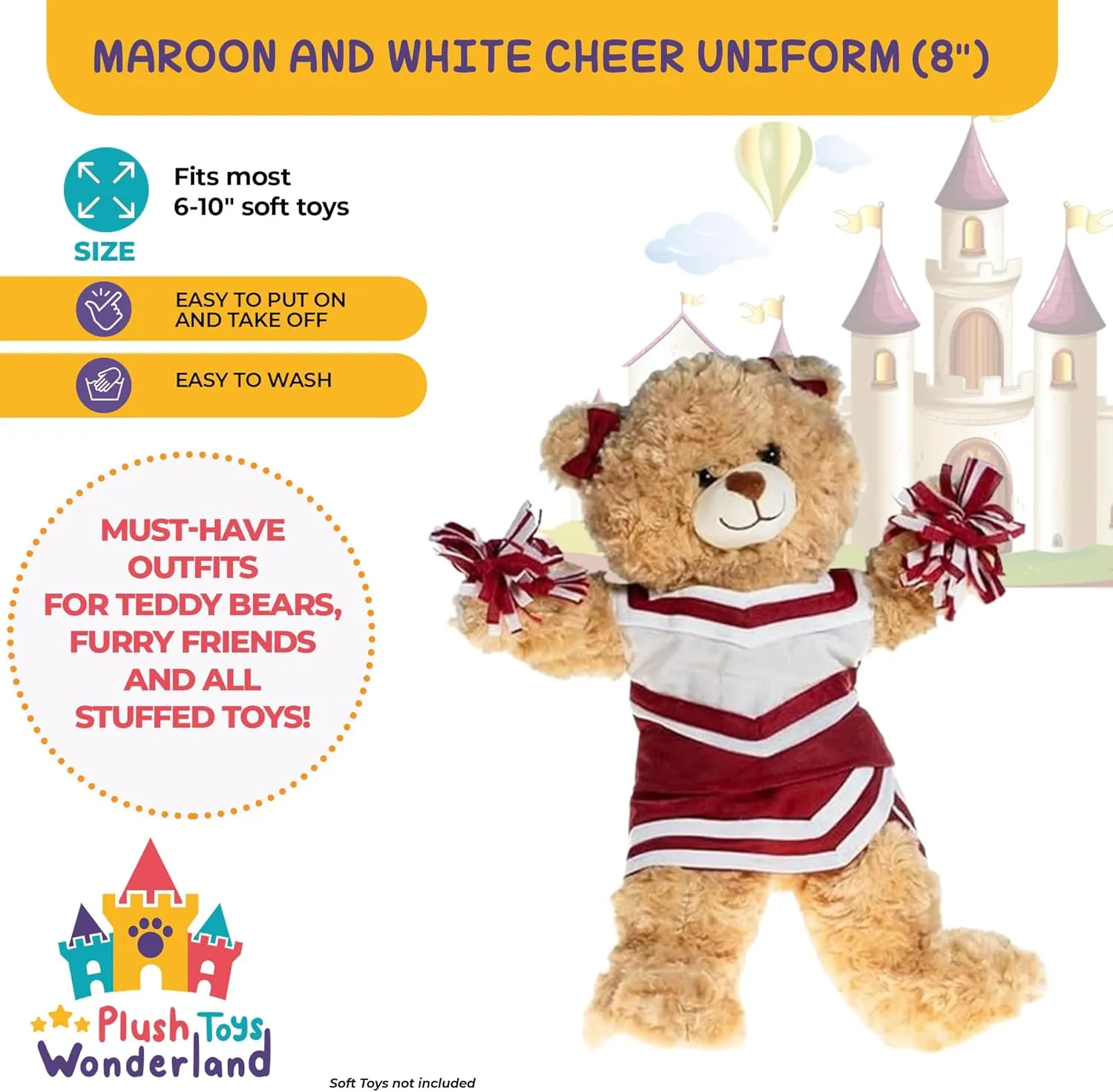 Cheer Uniform Outfit for Plush Animal Teddy Bear - Fits Most 6"-10" Plush Soft Toys Adorable & Cozy Maroon and White Cheerleader Costume Plushie Buddy Bear - Playful Gift for Kids