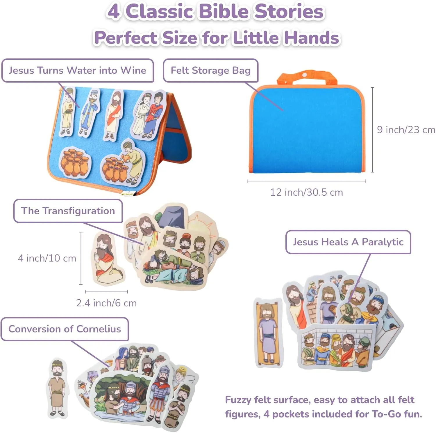 CHEFAN Felt/Flannel Board Story Set of 4,PRECUT Felt Pieces for Preschool Toddlers Circle Time,Bible Story,Jesus Heals A Paralytic,The Transfiguration,Conversion of Cornelius,Turns Water into Wine