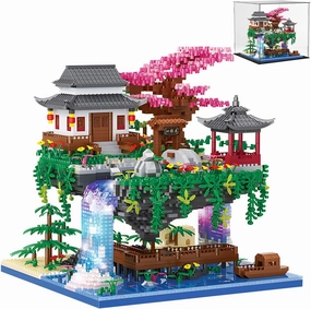 Cherry Blossom Treehouse Micro Mini Building Block Sets with Acrylic Display Box Japanese Bonsai Tree Peach Blossom Pool Architecture Building Model Toy Gift for Adults 3880 Pieces