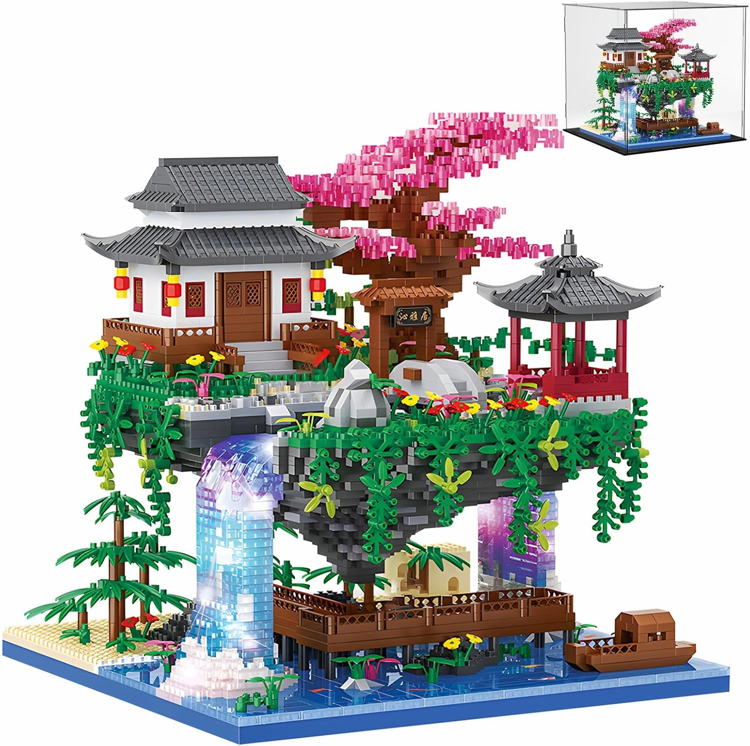 Cherry Blossom Treehouse Micro Mini Building Block Sets with Acrylic Display Box Japanese Bonsai Tree Peach Blossom Pool Architecture Building Model Toy Gift for Adults 3880 Pieces