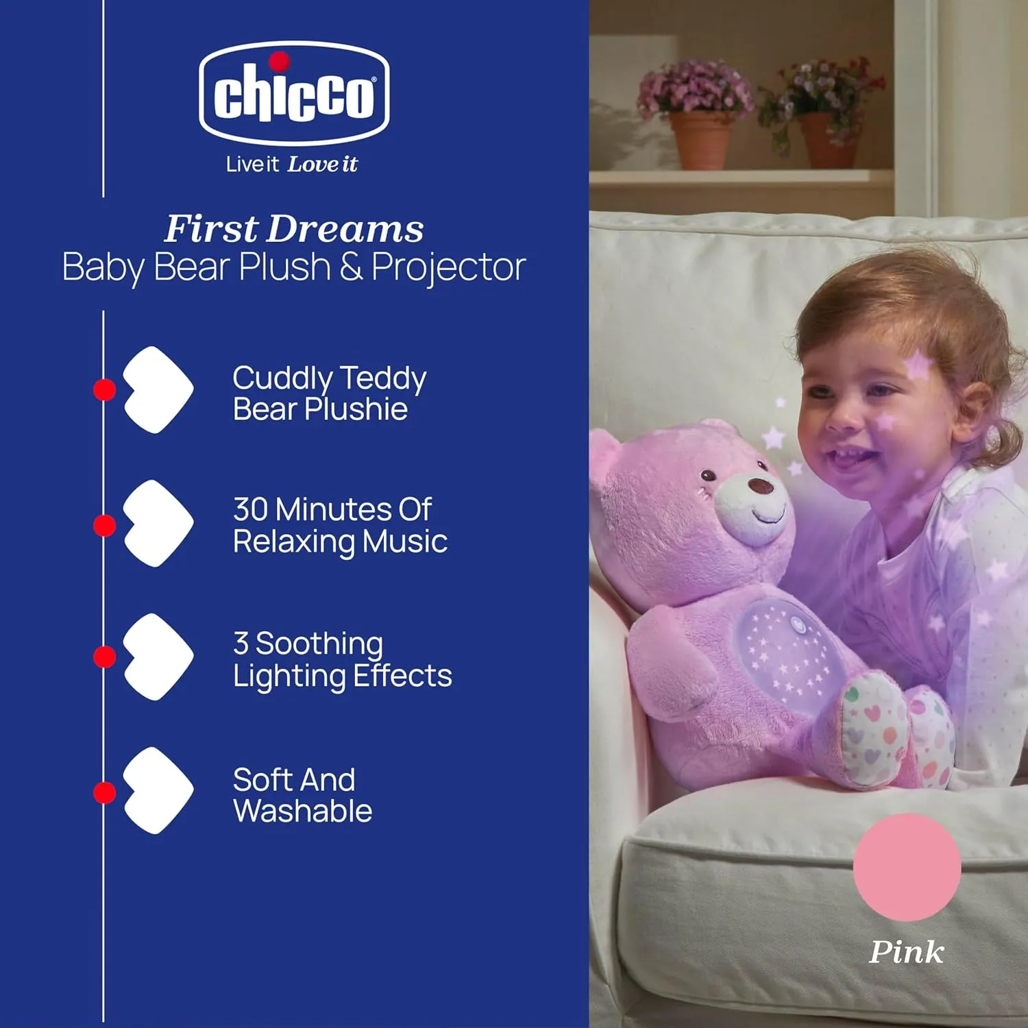 Chicco First Dreams Baby Bear Plush Bear, Soft Plush Projector with Night Light Children, Bright Effects and Relaxing Melodies, Pink - Baby Toys 0 Months  