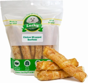 Chicken Wrapped Rawhide Dog Treats for Medium Dogs – 4ct. Rawhide Chew Sticks – Limited Ingredient Long Lasting Chews Made in The USA with Natural Chicken and Beef Hide Twists