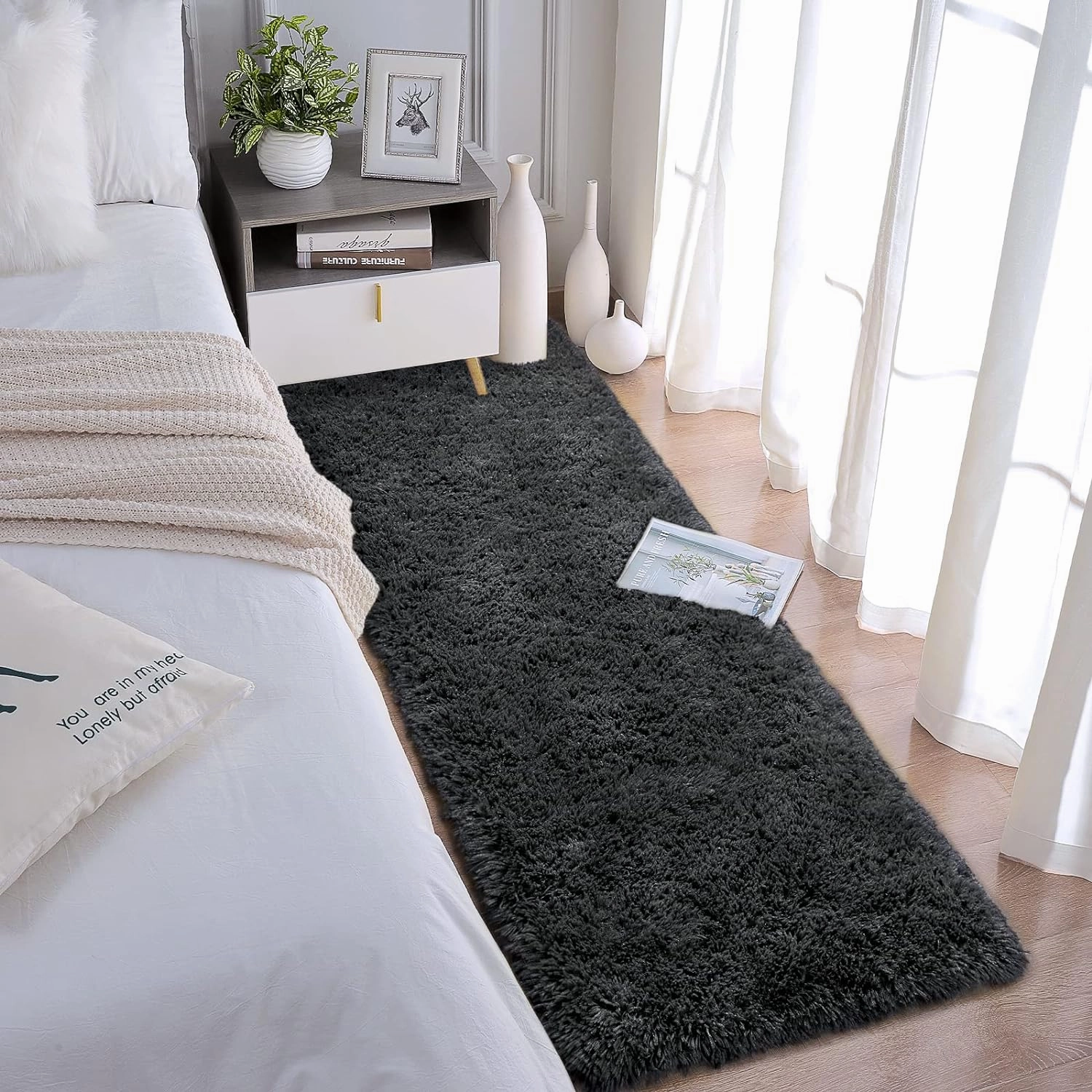 Chicrug Soft Runner Rugs for Bedroom Living Room Plush Fluffy Rug 2x6 Feet, Shag Furry Area Rug Carpet Non Shedding for Nursery Children Kids Girls Room Home Decorative, Dark Grey