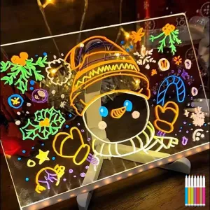 Children's Glow & Write LED Dry Erase Board, Doodle Glow Drawing Board, Acrylic Dry Erase Board with Light, LED Drawing Board for Kids with Stand, 7 Markers, Soft Cloth(S(15 * 15CM))