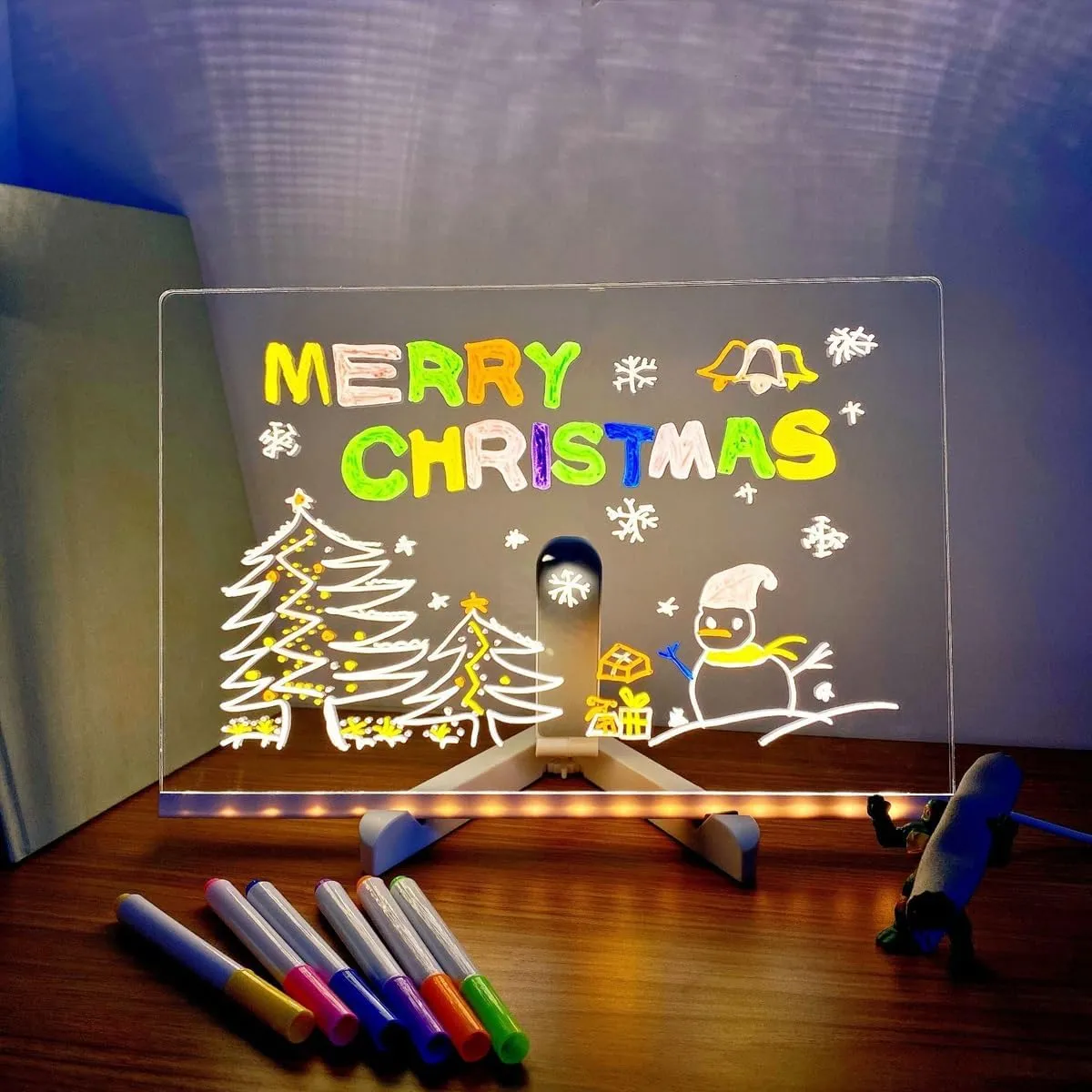 Children's Glow & Write LED Dry Erase Board, Doodle Glow Drawing Board, Acrylic Dry Erase Board with Light, LED Drawing Board for Kids with Stand, 7 Markers, Soft Cloth(S(15 * 15CM))